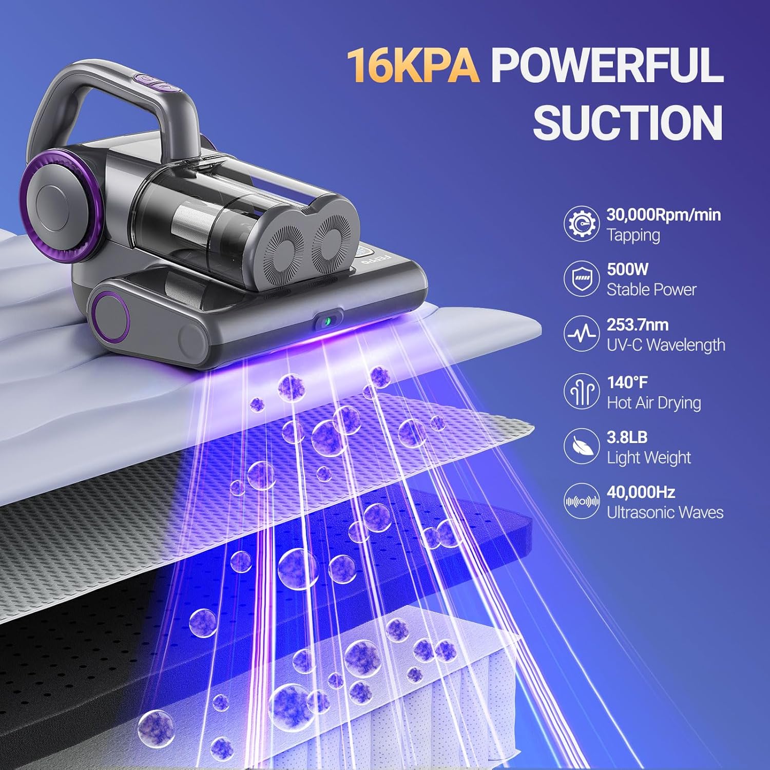 FEPPO Mattress Vacuum Cleaner, 16Kpa Bed Vacuum Cleaner with 253.7nm UV-C Light, 140°F Heat, HEPA