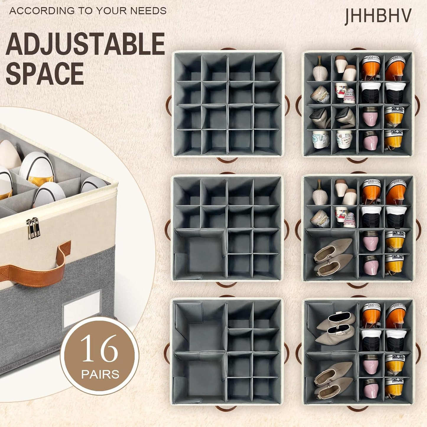 2 Pack Shoe Organizer for Closet, Adjustable Shoe Box Storage Containers, Large Foldable Shoe Bins