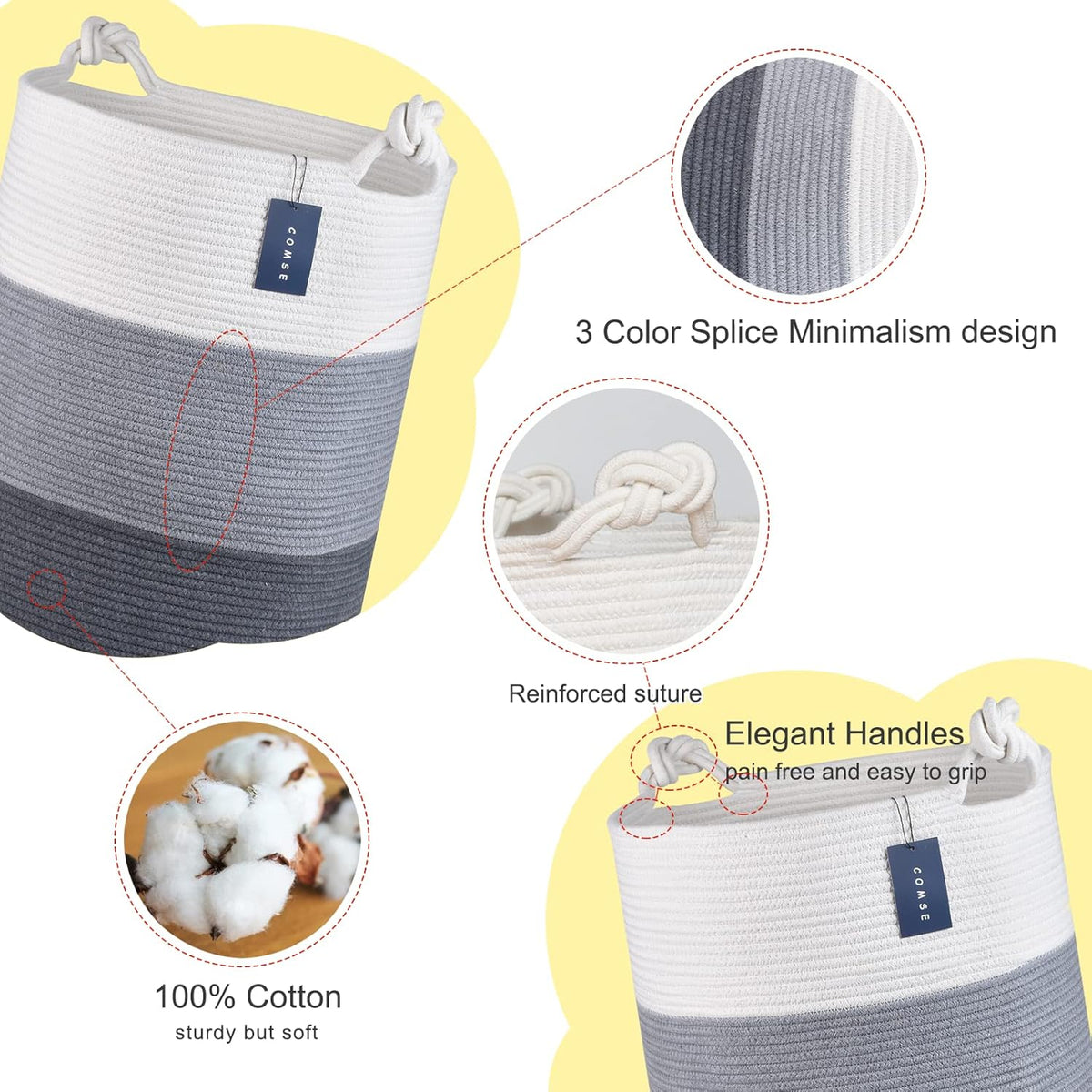 COMSE Laundry Hamper, Extra Large 15.7"x 21.7", Cotton Rope Basket, Portable, White & Light Gray &