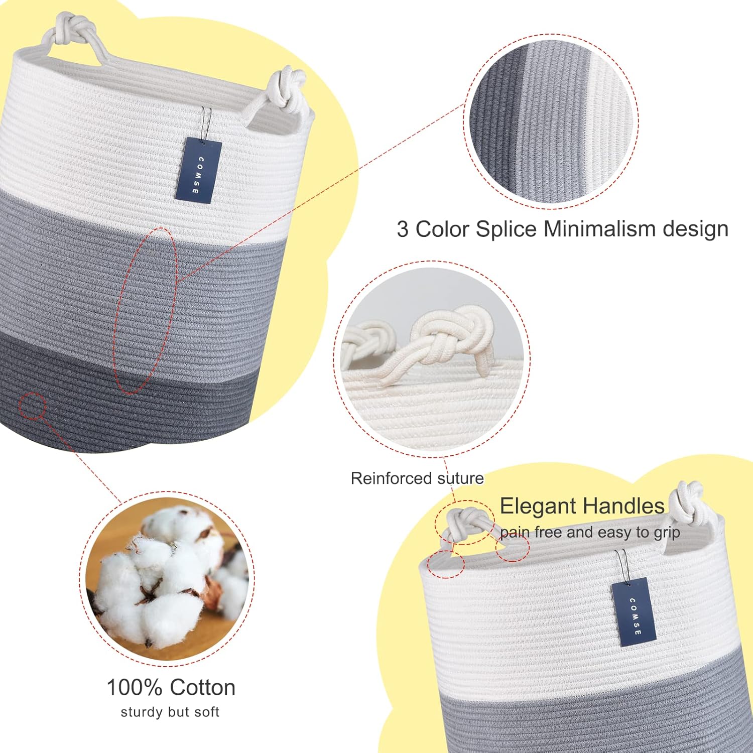 COMSE Laundry Hamper, Extra Large 15.7"x 21.7", Cotton Rope Basket, Portable, White & Light Gray &
