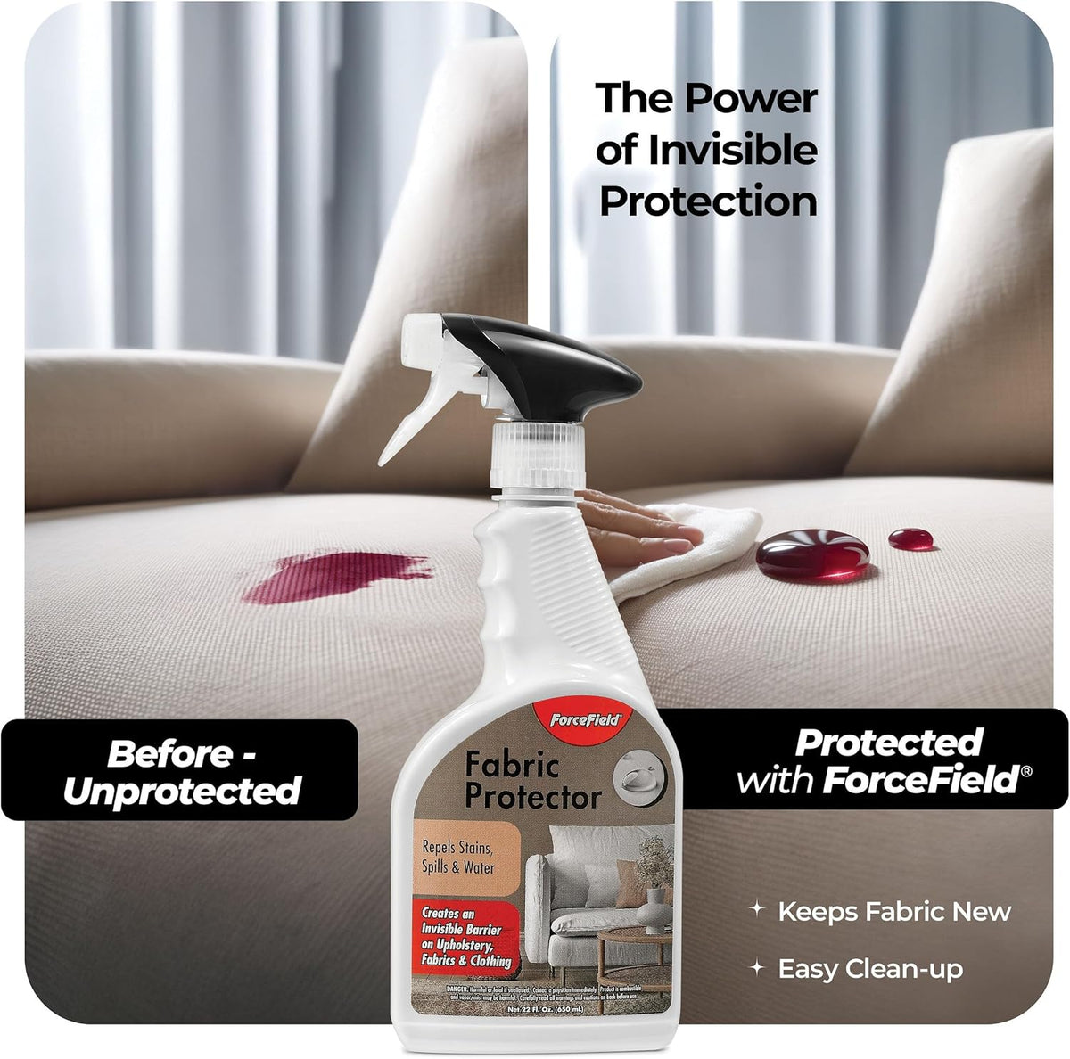 ForceField Fabric Protector Spray – Long-Lasting, Non-Toxic Water & Stain Repellent – Safe for All