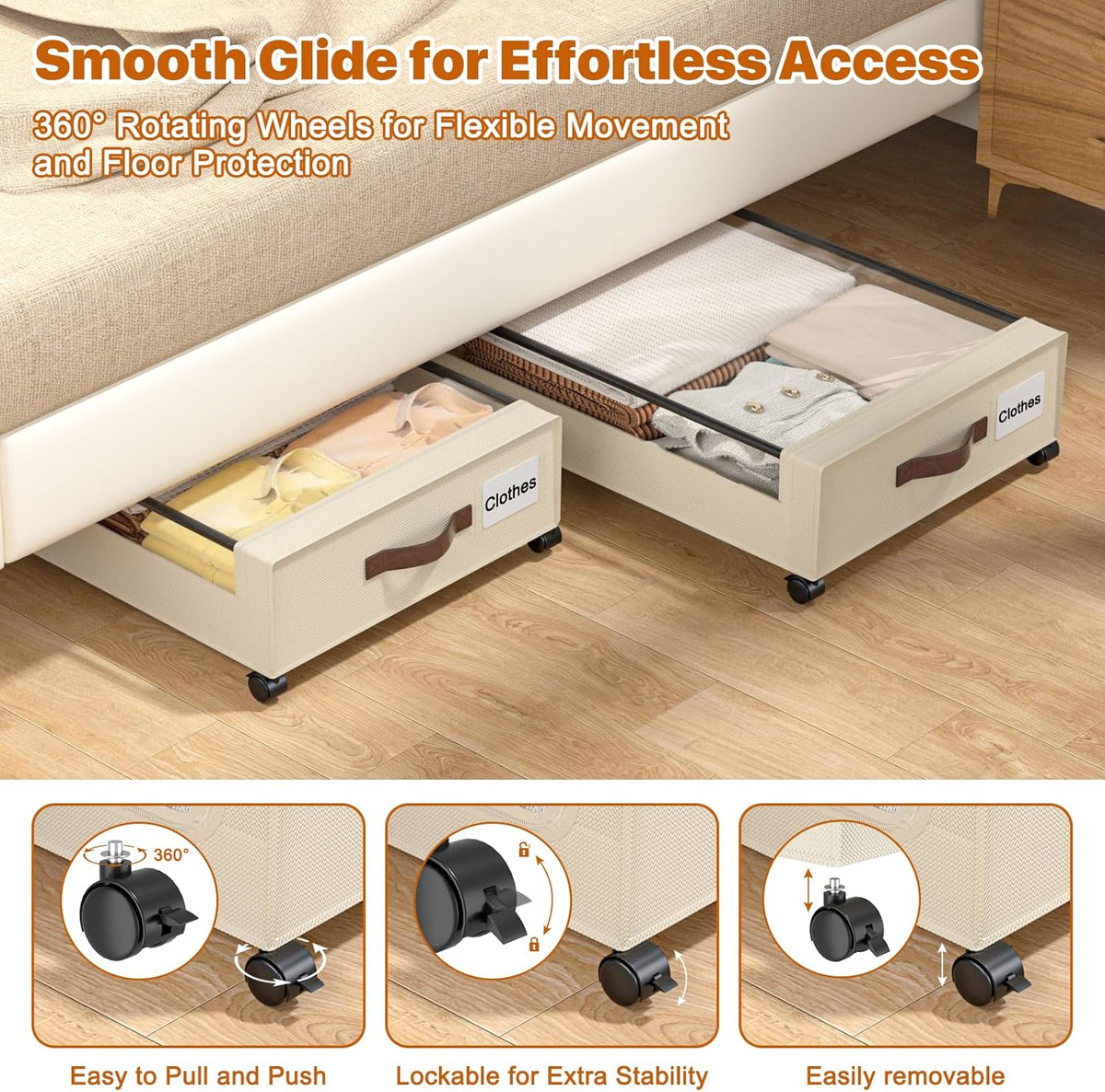 Under Bed Storage with Wheels,XXL 60L Under Bed Storage Containers with Clear Lids, Rolling Under