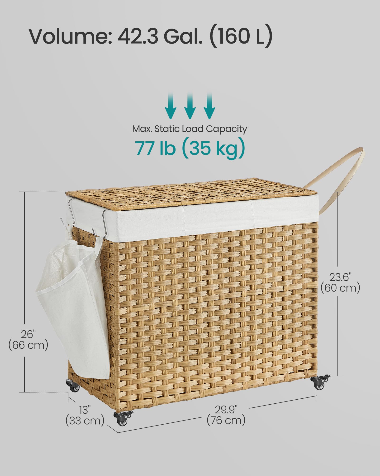 SONGMICS Laundry Hamper with Lid, 42.3 Gallons (160 L), Rolling Laundry Basket with Wheels