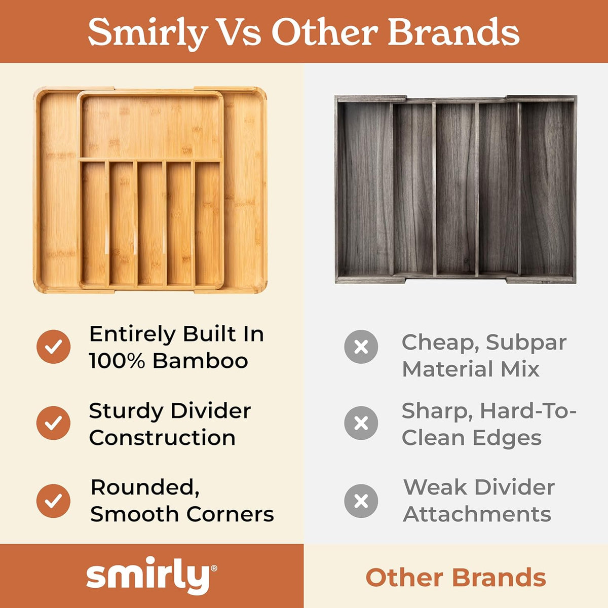 SMIRLY Silverware Drawer Organizer – Bamboo Kitchen Drawer Organizer, Adjustable Utensil Holder and