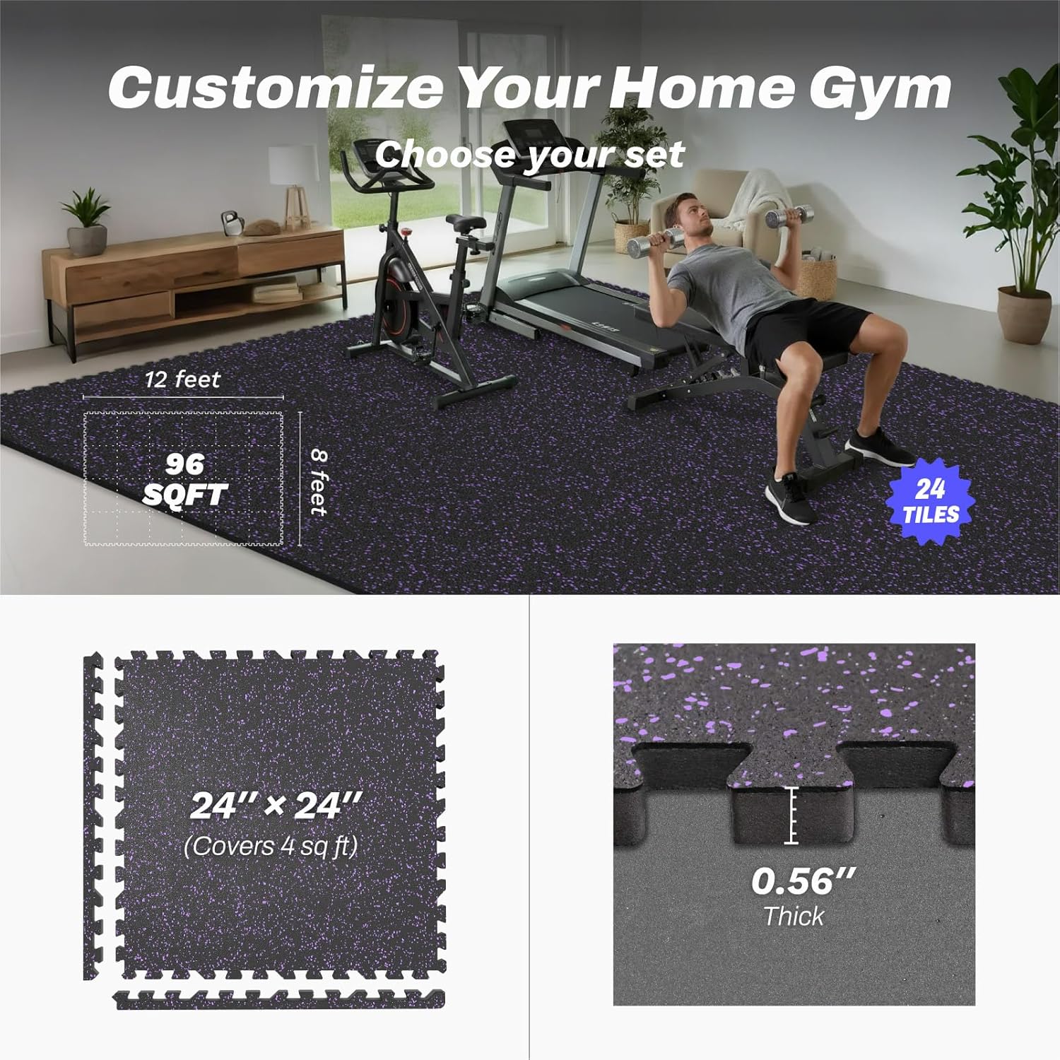 AIRHOP 0.56in Thick 96 Sq Ft Exercise Equipment Mats, 24 Tiles Upgraded Rubber Top with High