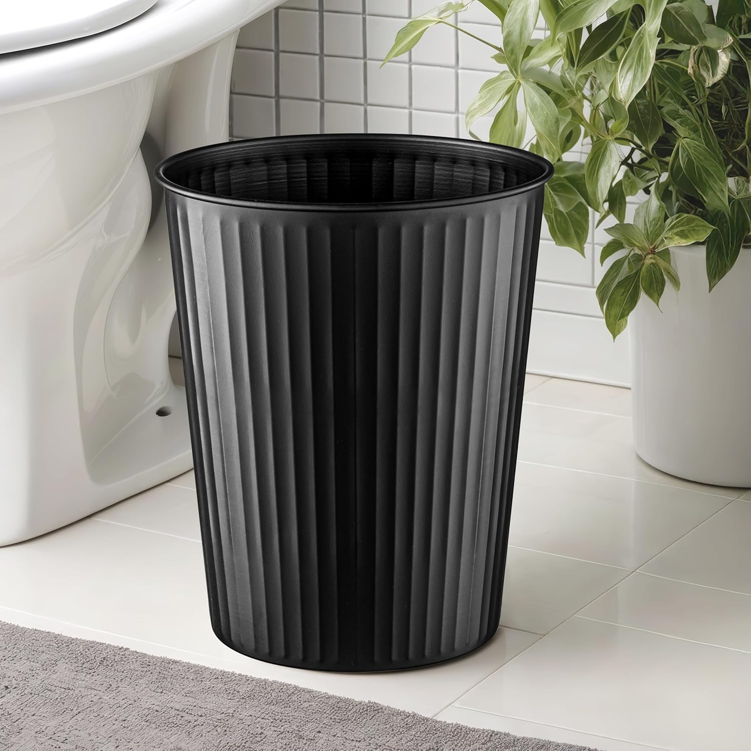 Monarch Abode Black Handcrafted Ridge Embossed Metal Wastebasket for Home Office, Decorative Waste