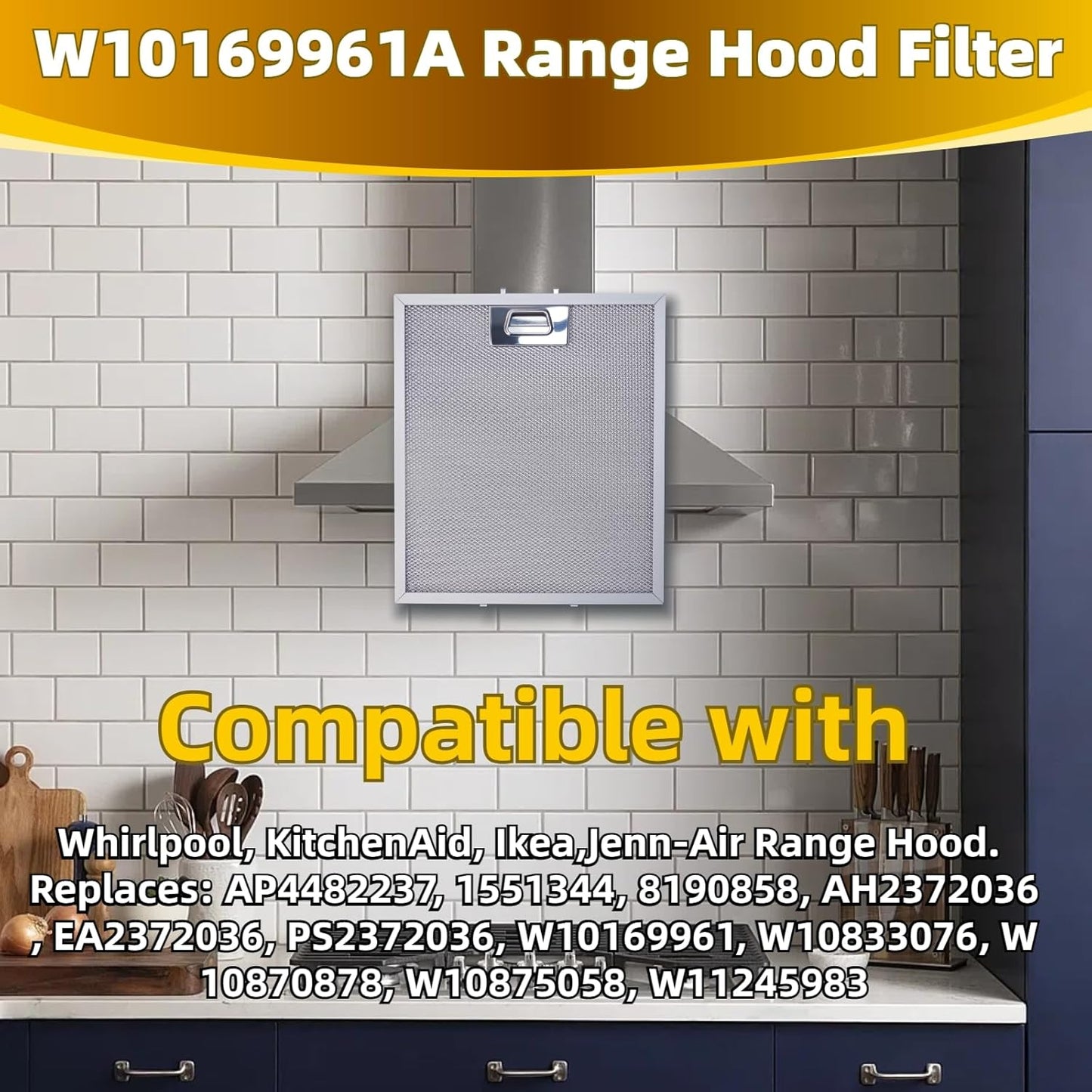 W10169961A 5 Layer Aluminum Mesh Range Hood Filter Replacement 12" x 10.5" for Whirlpool Vent Hood