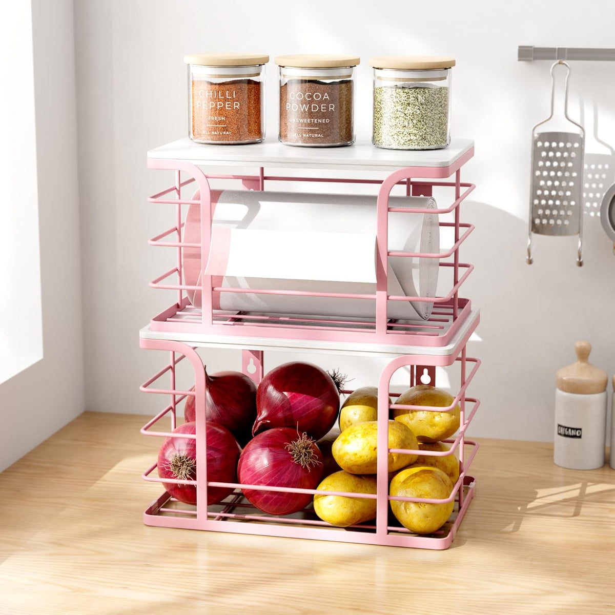 2 Pack Extra Large Stackable Pantry Storage with Bamboo Top,Wall Mount Trash Bag Dispenser Roll