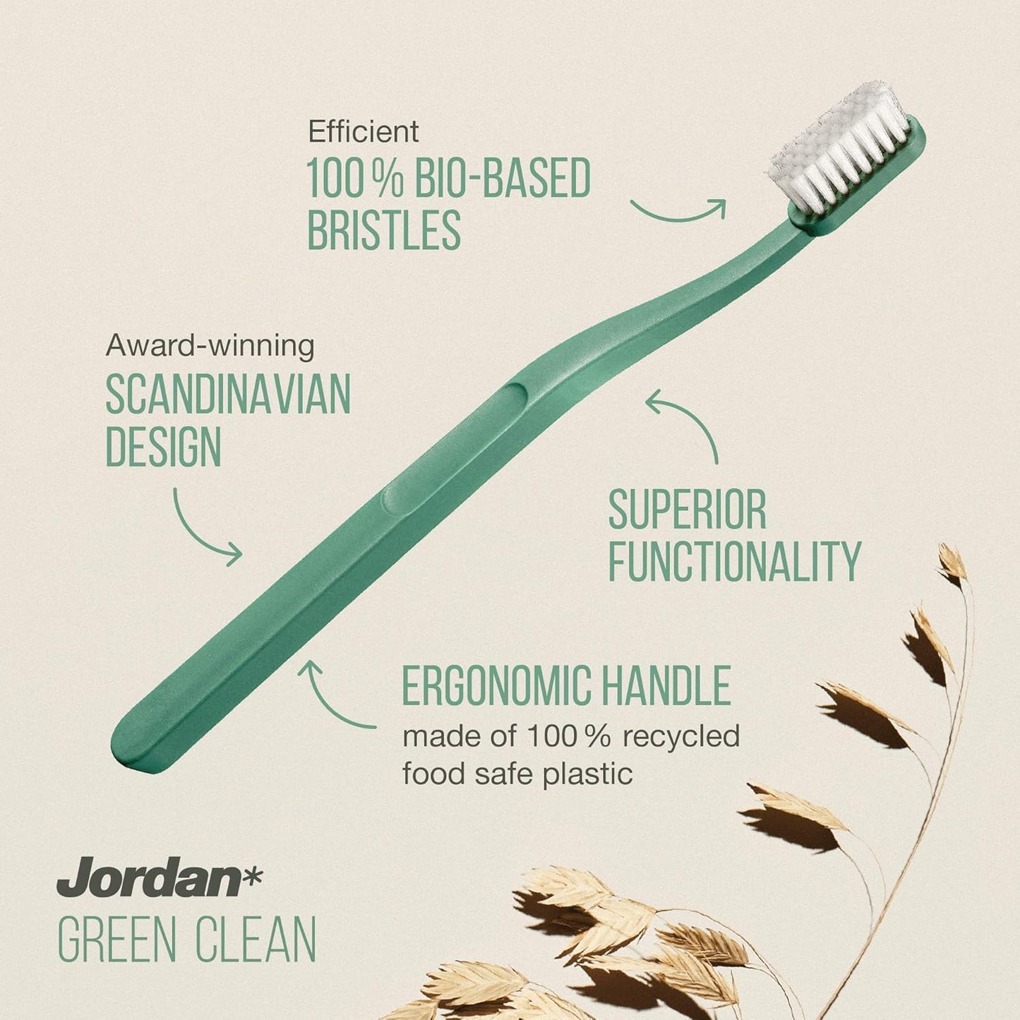 Jordan Green Clean Manual Toothbrush - Sustainable, Scandinavian Design, Soft Bristles, Mixed