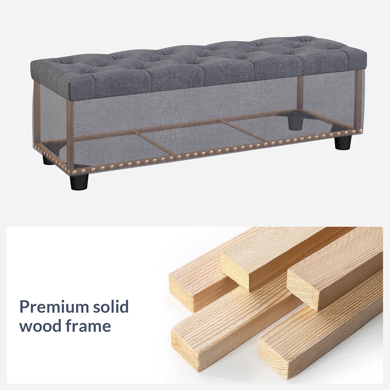 BELLEZE 47" Storage Ottoman, Storage Bench with Safety Close Hinge, Linen Button-Tufted Ottoman for