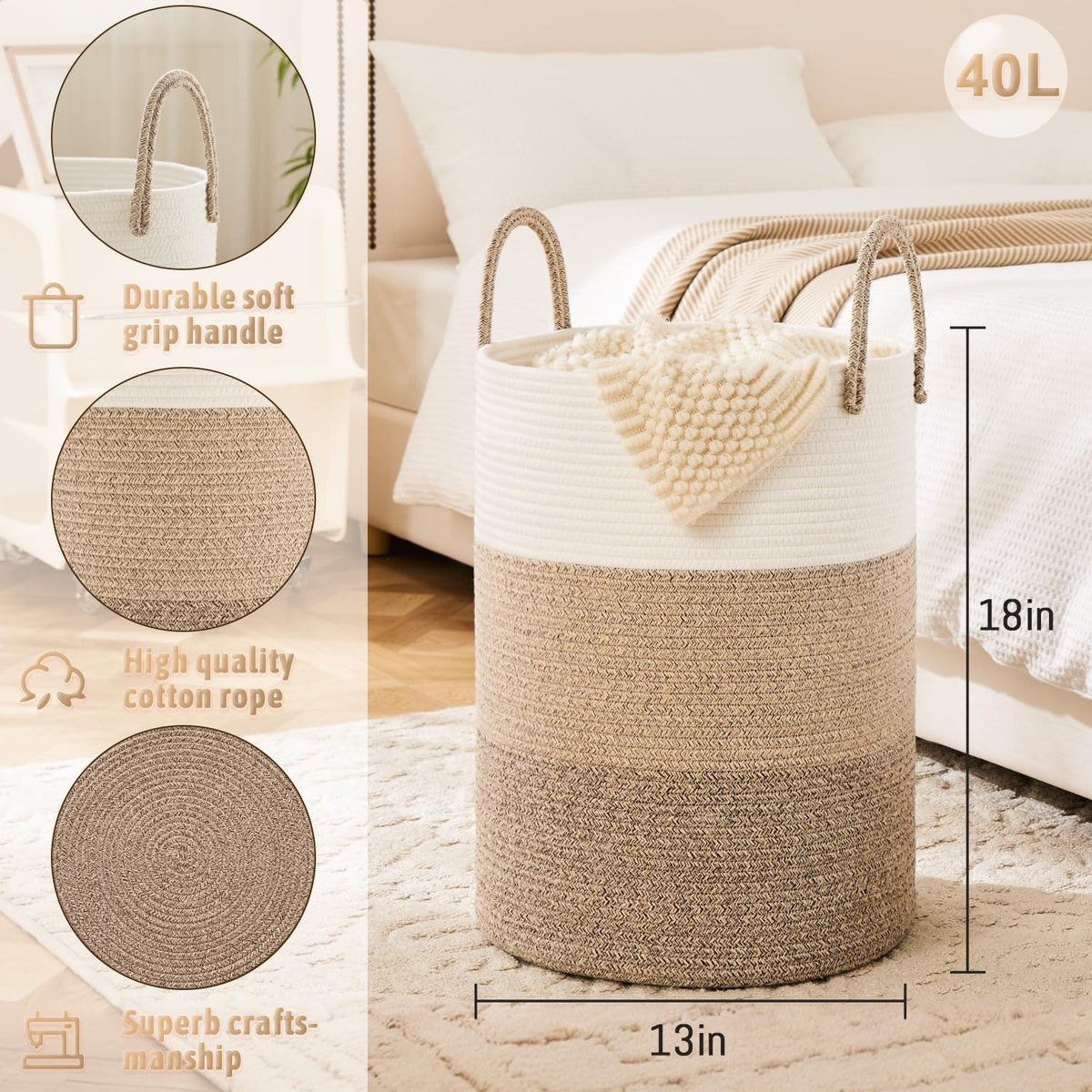 Laundry Basket,Woven Cotton Rope Laundry Hamper,40L for Decorative Storage of Dirty Clothes,Toys