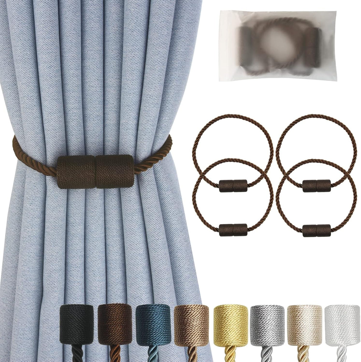Magnetic Curtain Tiebacks 4 Pack Coffee Curtain Rope Tieback Curtain Holders for Drapes Modern Tie