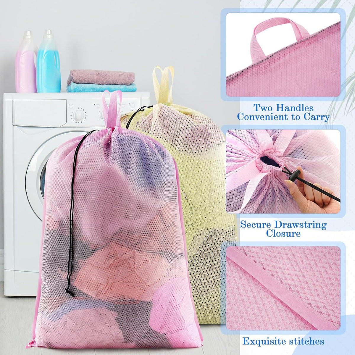 6 Pack 24 x 36 Inches Colorful Mesh Laundry Bag with Handles Machine Washable Secure Drawstring