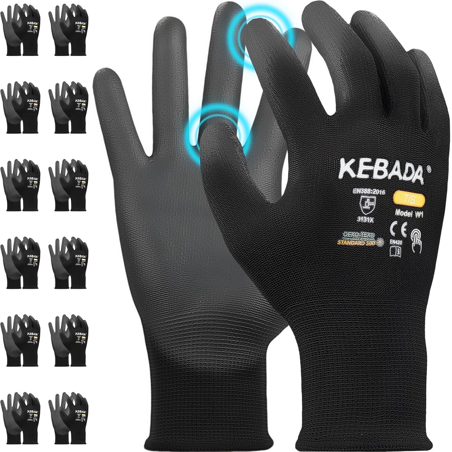 Kebada W1 Work Gloves for Men and Women, PU Coated Safety Gloves with Grip, Touchscreen, Ideal for