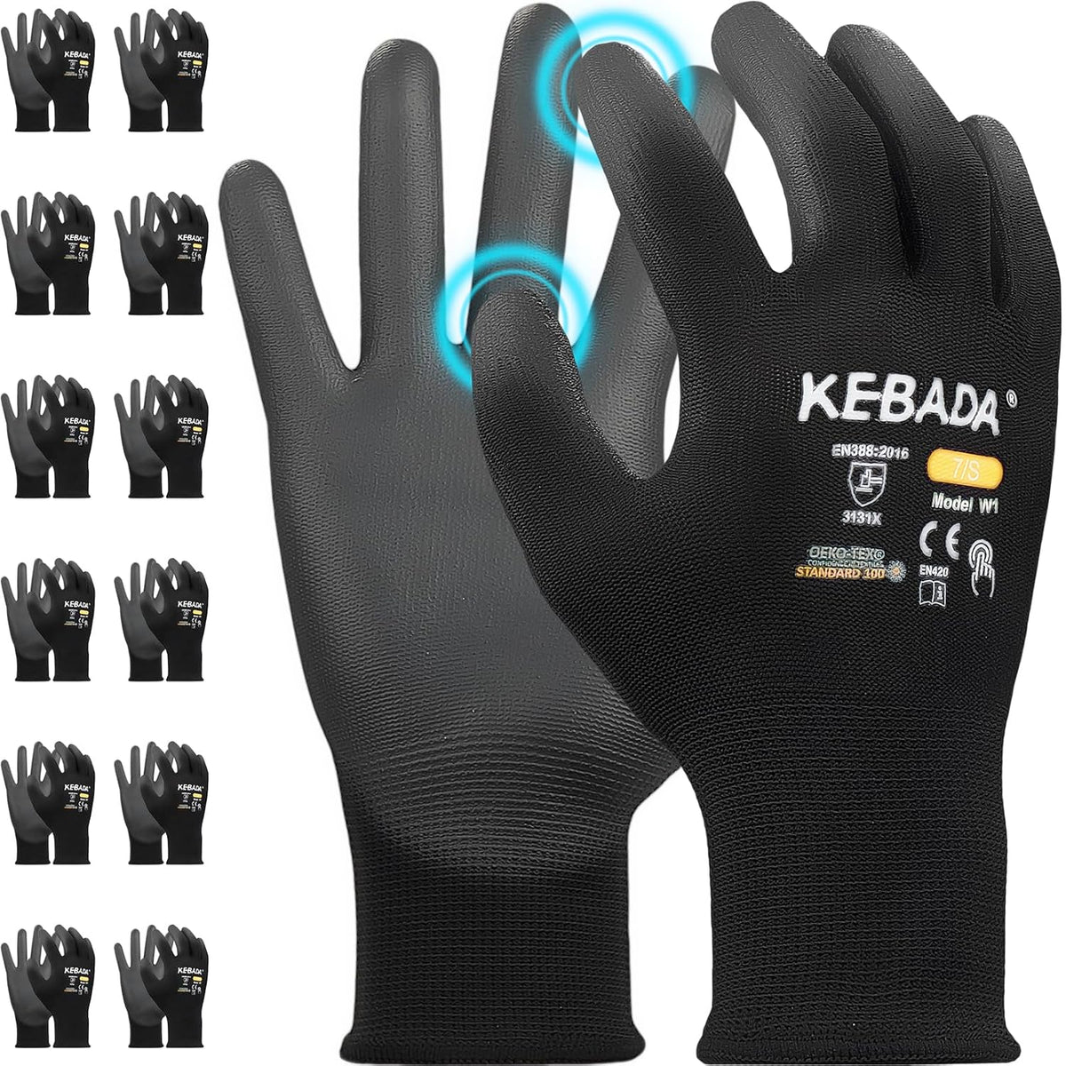Kebada W1 Work Gloves for Men and Women, PU Coated Safety Gloves with Grip, Touchscreen, Ideal for