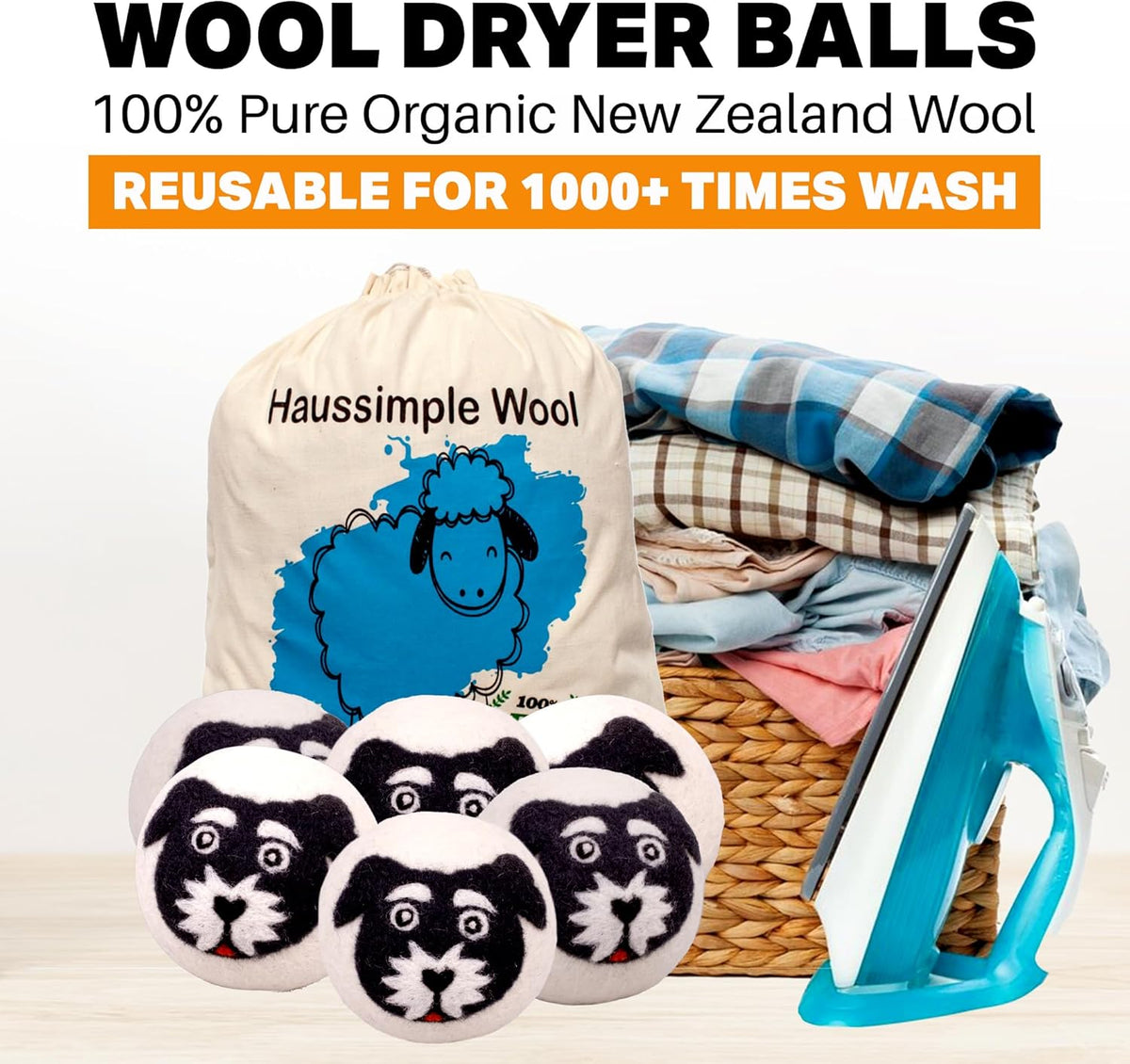 Wool Dryer Balls Organic Felt 6 Pack Laundry Fabric Softener, Extra Large Reusable Handmade Natural