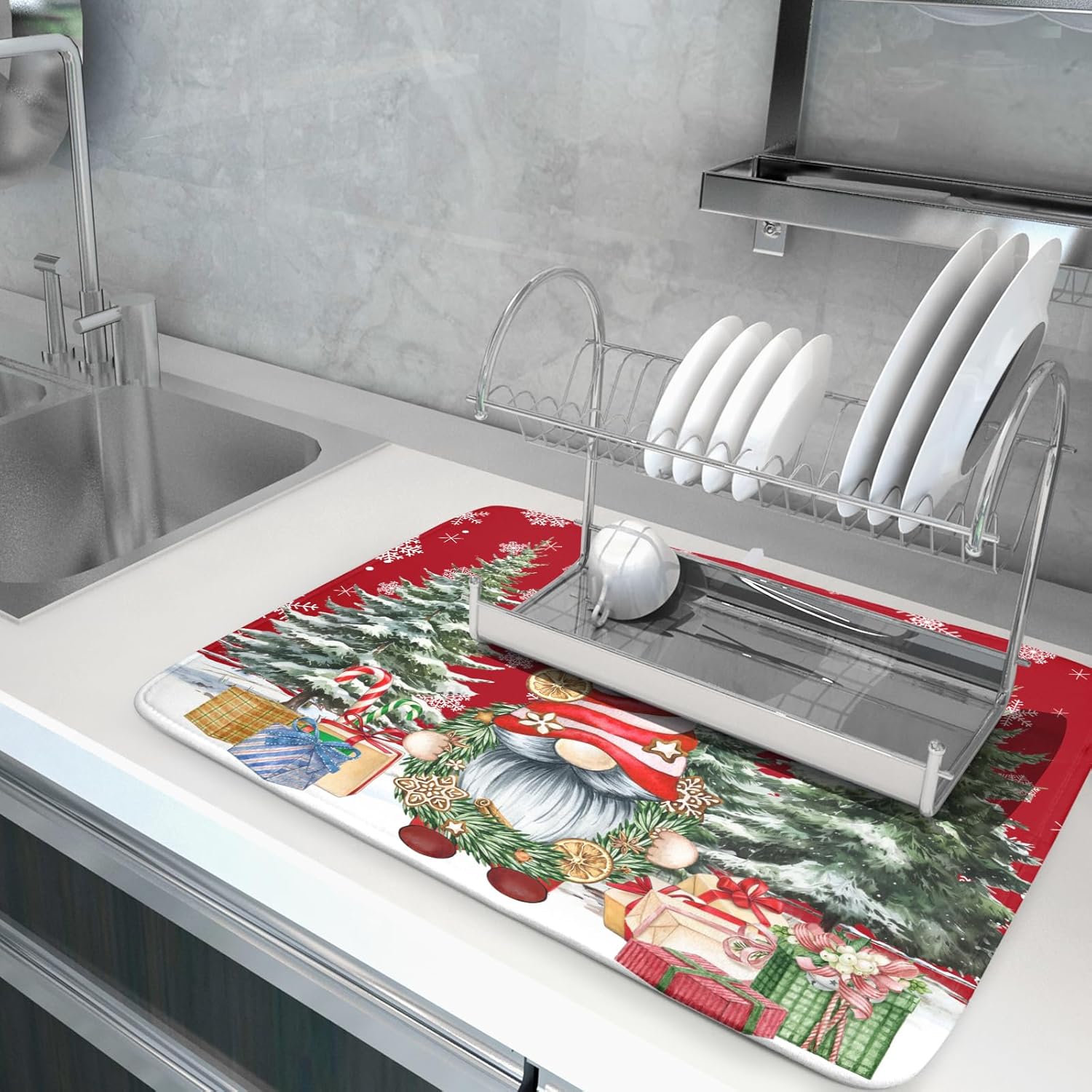 Christmas Dish Drying Mat for Kitchen Counter, Merry Christmas Dish Drying Mat 18 x 24 Inch Xmas