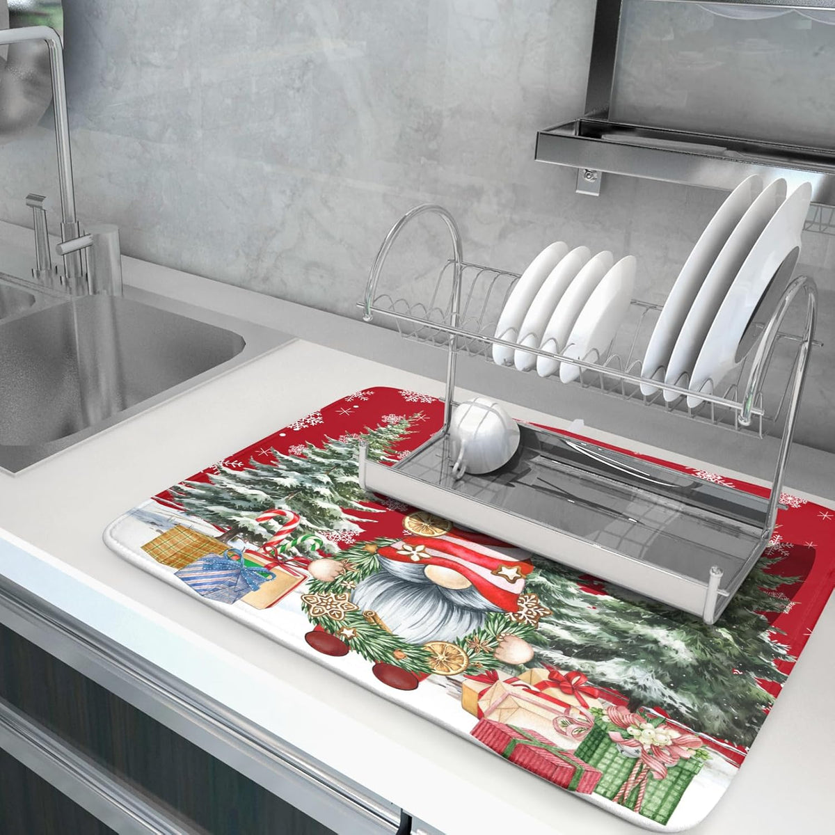 Christmas Gnome Dish Drying Mats for Kitchen Counter Christmas Gnomes Snowflakes Absorbent