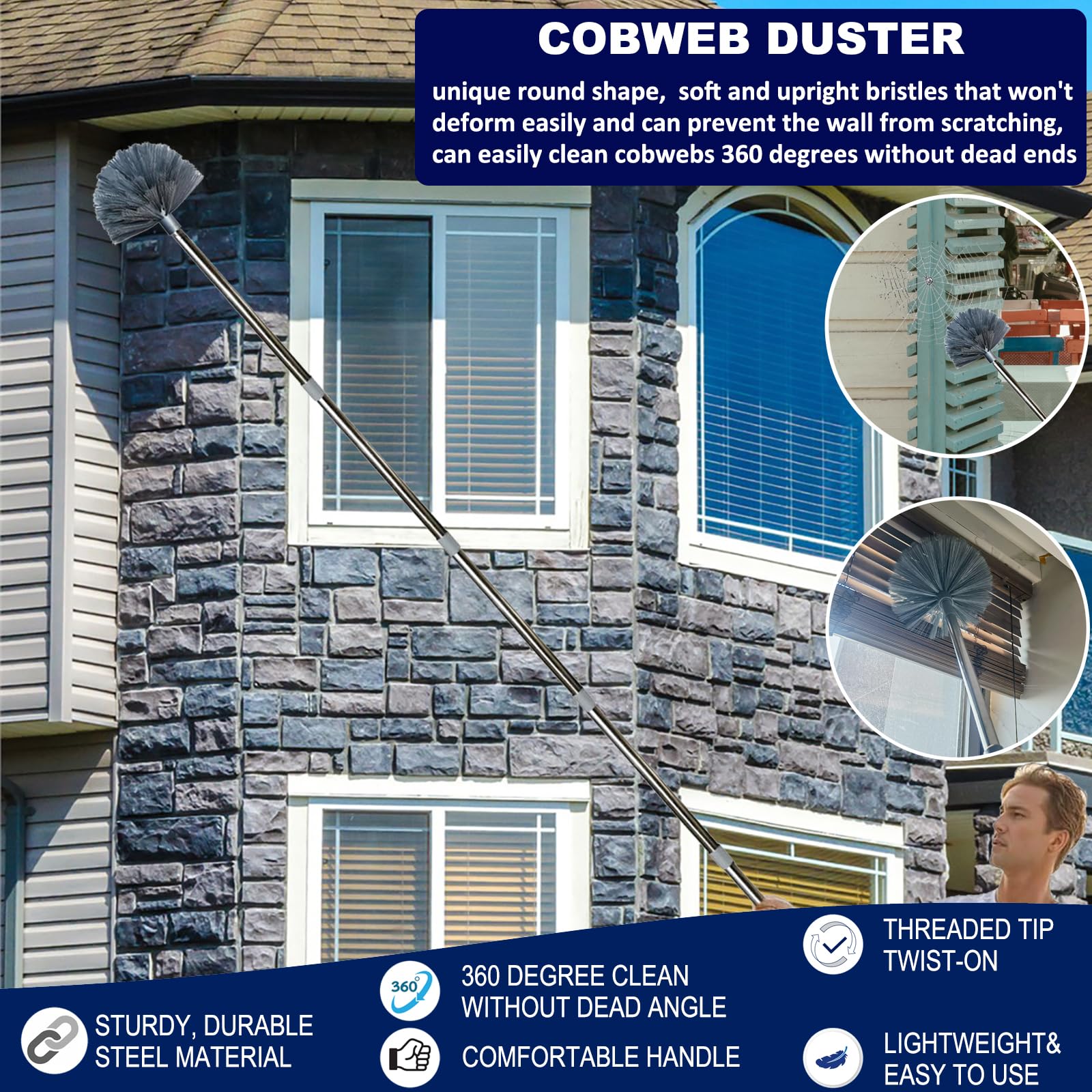 20+ Ft High Reach Ceiling Fan Duster & Cobweb & Corner Brush Duster with 3-14 ft Spliceable Pole