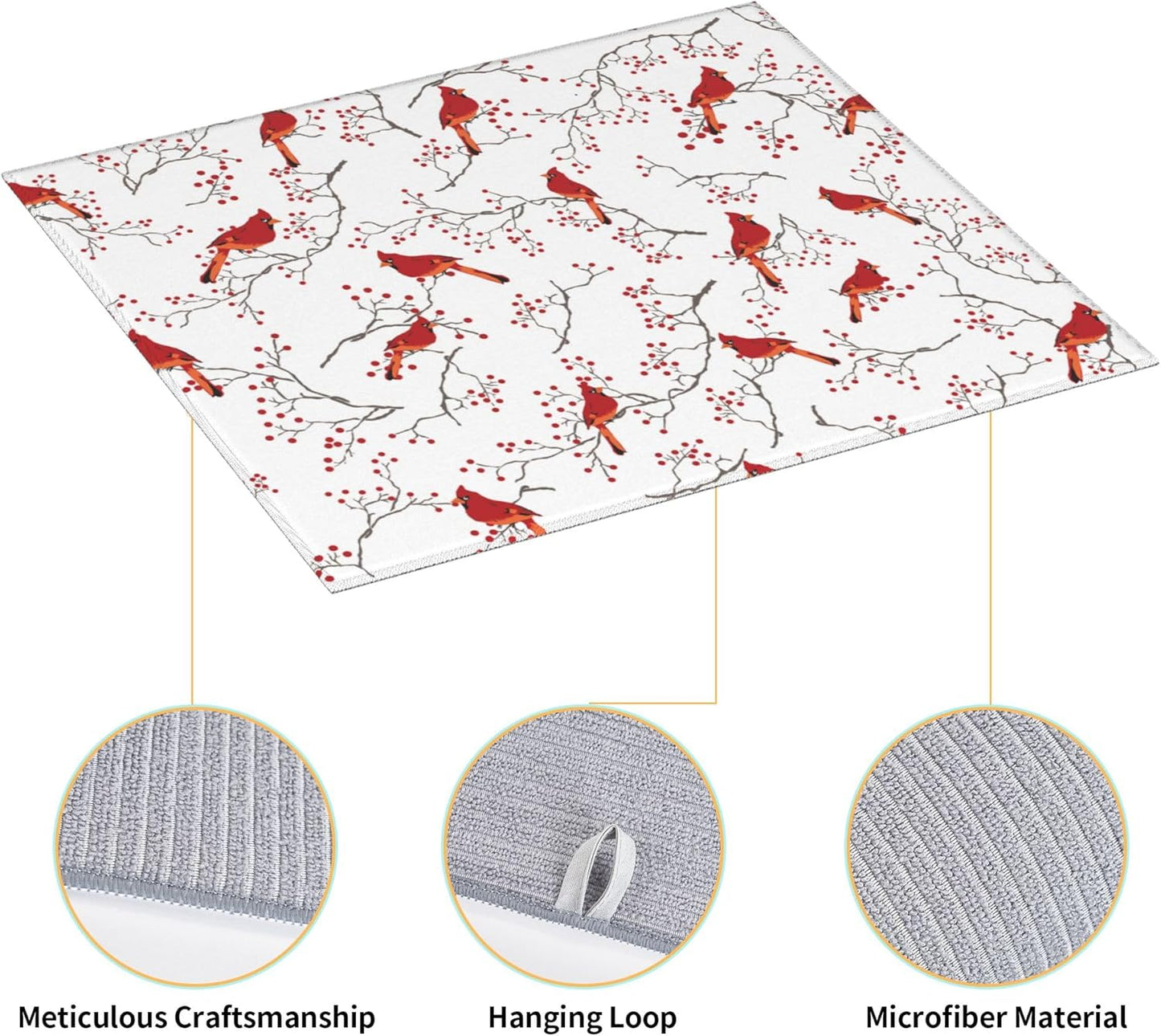 Cardinal Bird Red Berry Decor Kitchen Drying Mat Cute Microfiber Dish Drainer Mat for Kitchen