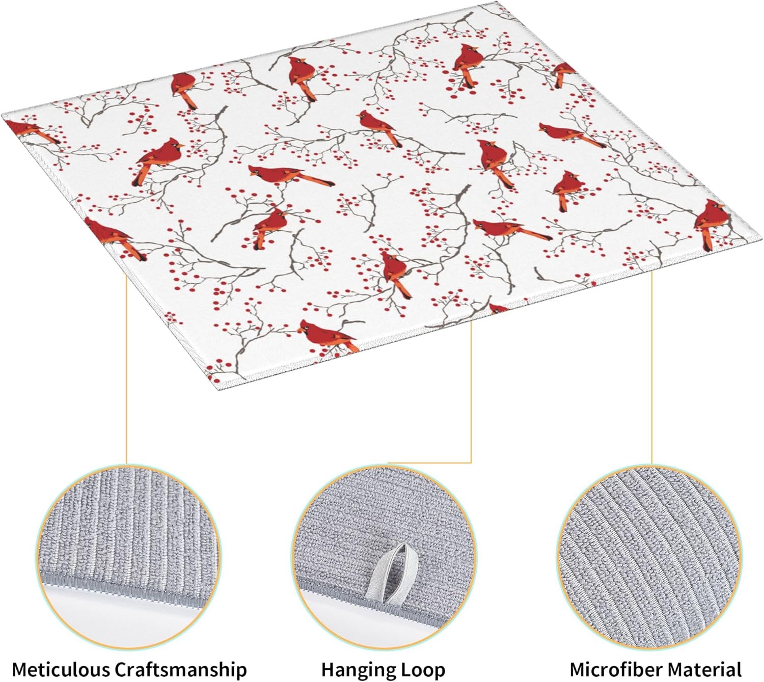 Cardinal Bird Red Berry Decor Kitchen Drying Mat Cute Microfiber Dish Drainer Mat for Kitchen