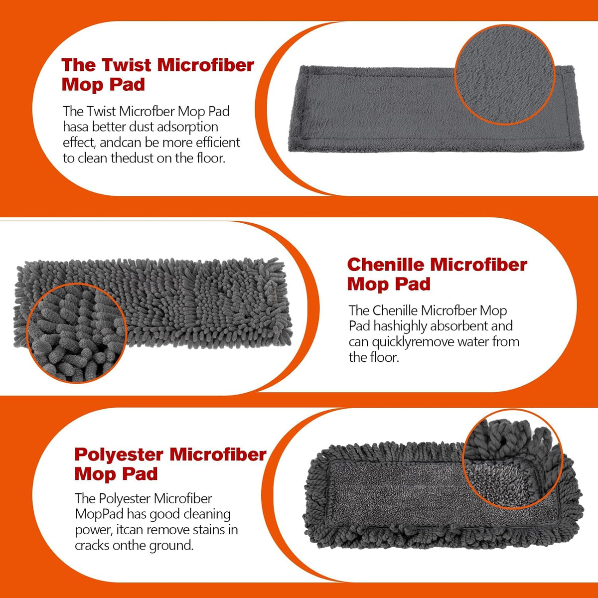 Dust Mop for Floor Cleaning with 3 Washable Pads (Chenille, Terry Cloth, Microfiber) and 55” Long