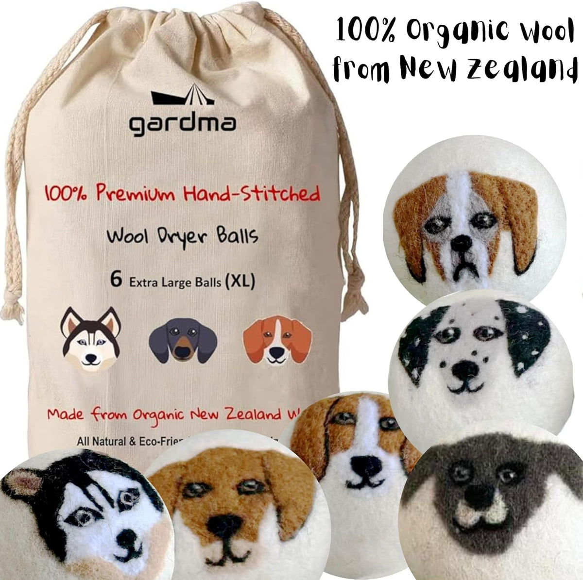 Wool Dryer Balls Organic Premium | Handcrafted Puppy Dog Face Design | 6 Balls XL, Ethically &