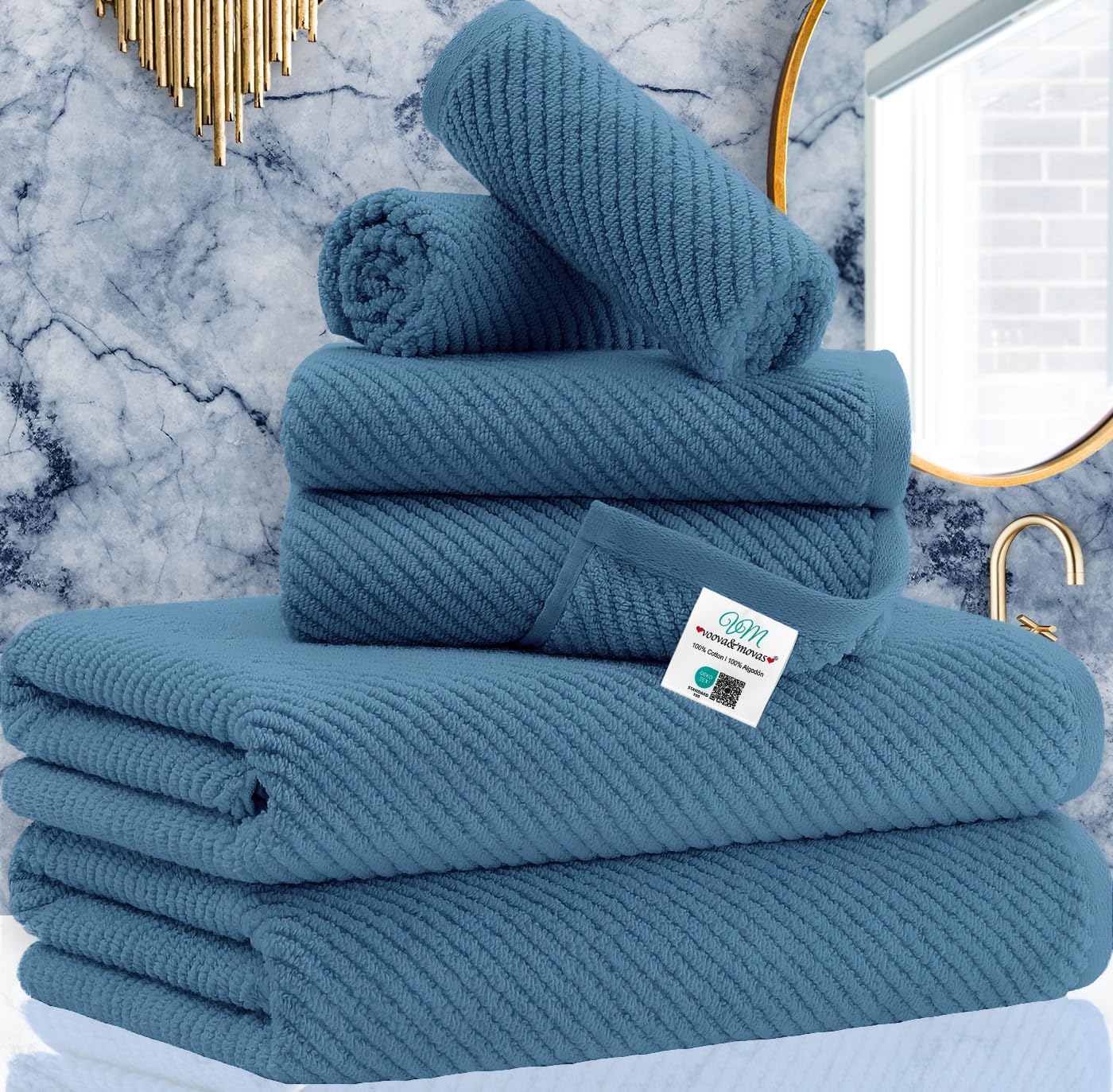 VOOVA & MOVAS Blue Towels Bathroom Sets, 100% Cotton | Lightweight | Soft | Quick Dry | Thick