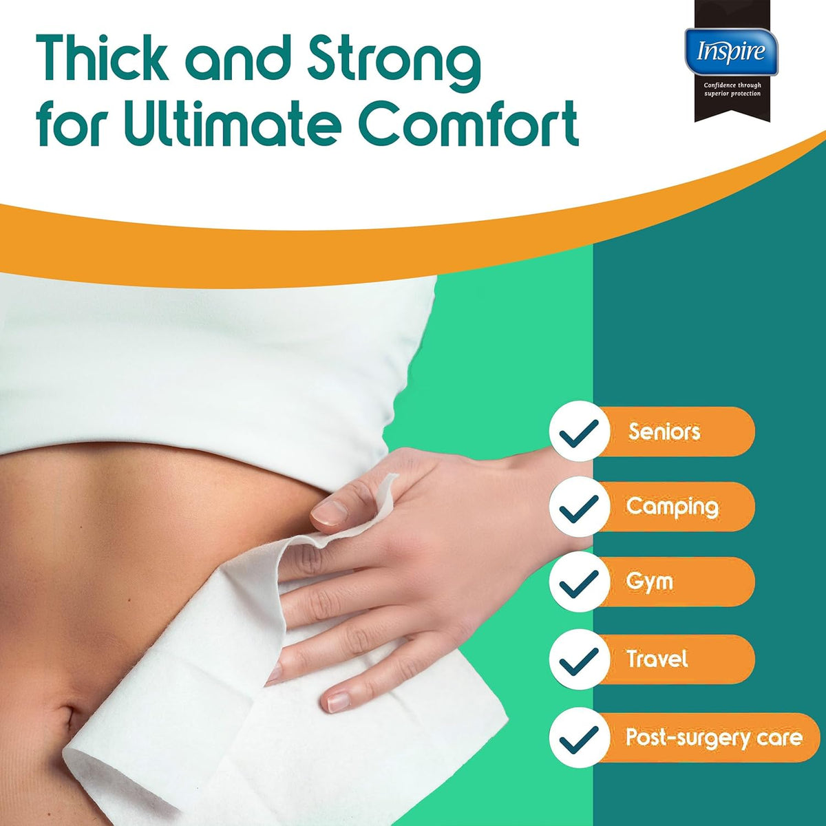 Inspire Ultra Thick Rinse Free Body Wipes, Bathing Wipes, Rinse Free Wet Wipes, Thick Strong Extra