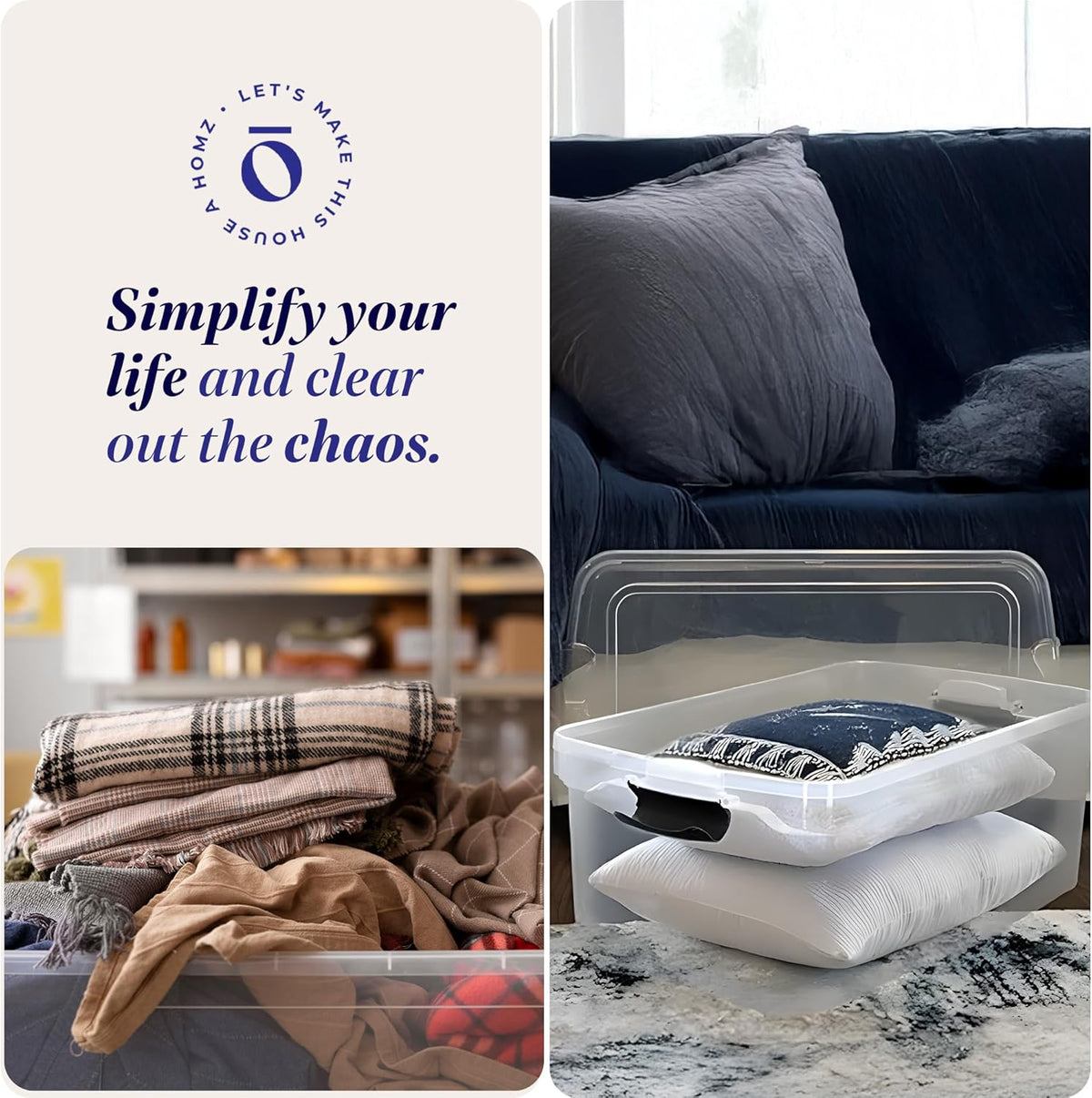 HOMZ 2-Pack Secure Latch, Clear Plastic Storage Organizer Bins, 64 Quart, Gray Latches - Stackable