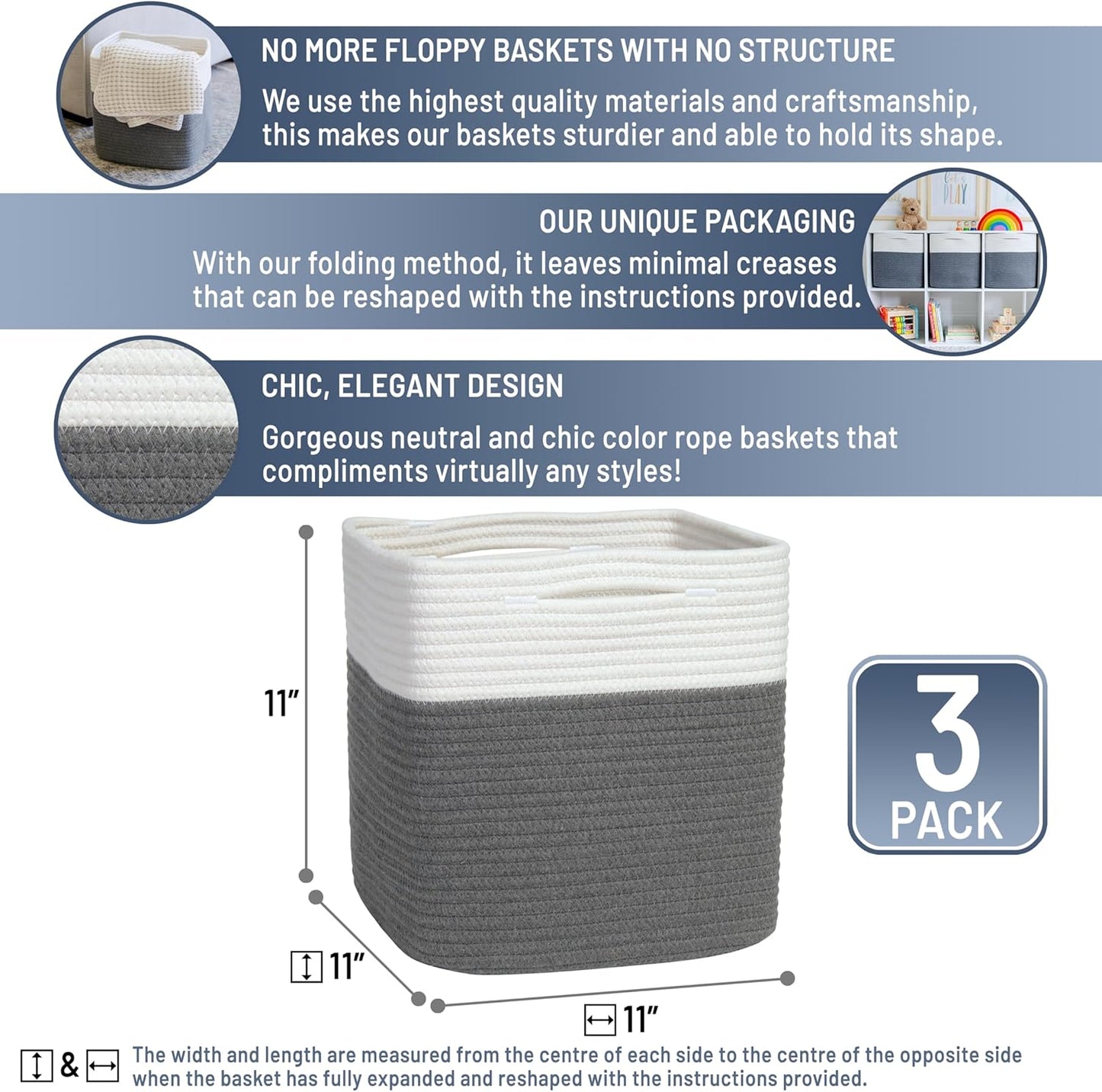 NaturalCozy Storage Cubes 11 Inch Cotton Rope Woven Baskets for Organizing, 3-Pack | Cube Storage