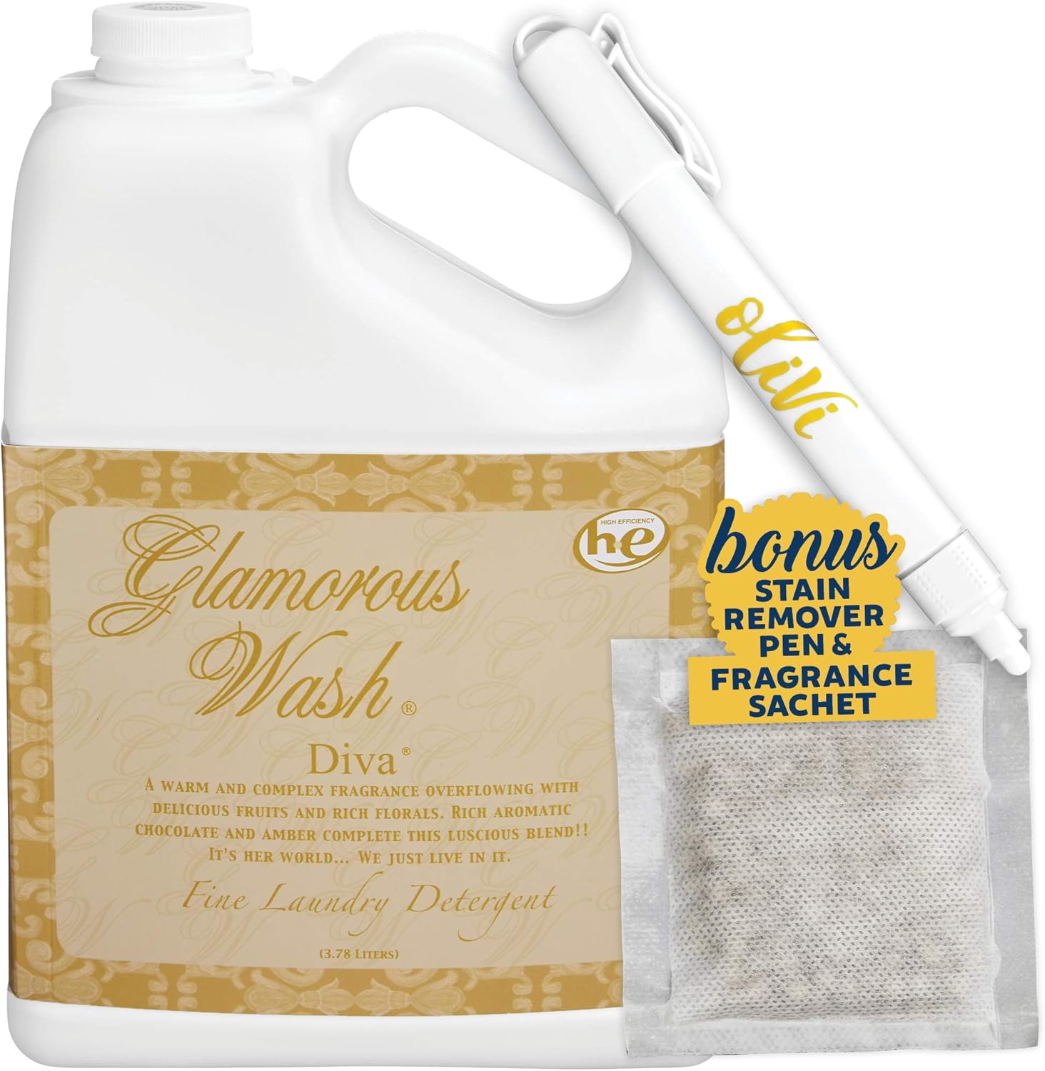 Tyler DIVA Glamorous Wash Laundry Detergent - 1 Gallon - With Olivi Stain Remover Pen - Fresh