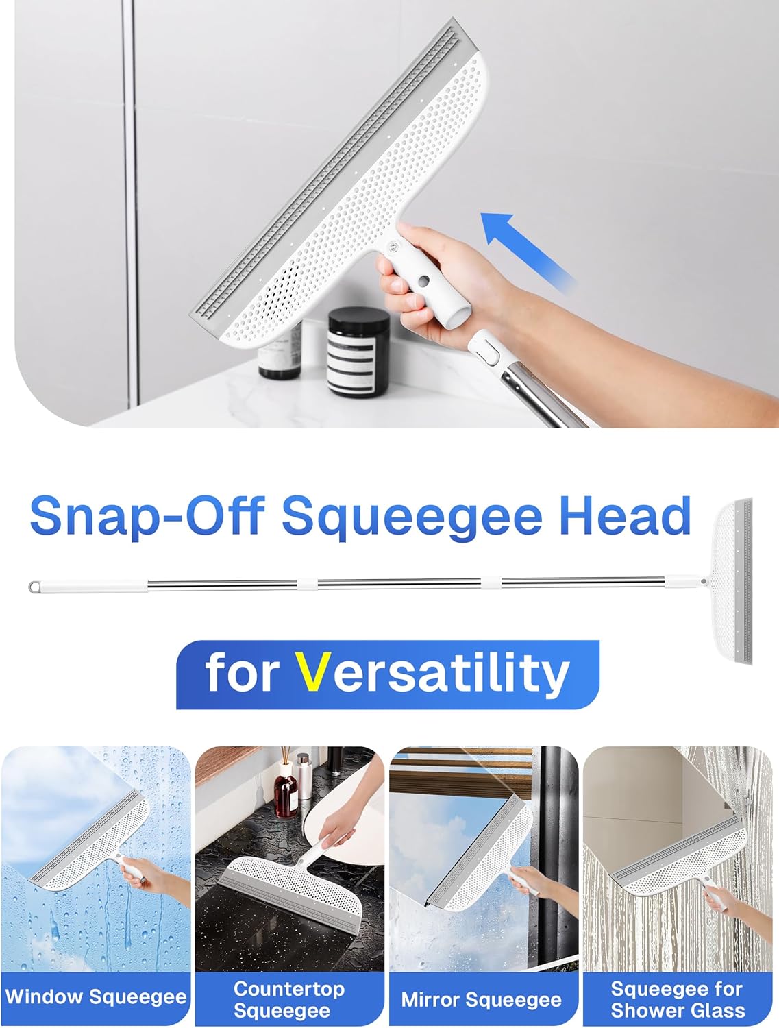 Floor Squeegee & Broom with Long Handle, 180° Rotating Head Silicone Blade Removes Water & Pet Hair