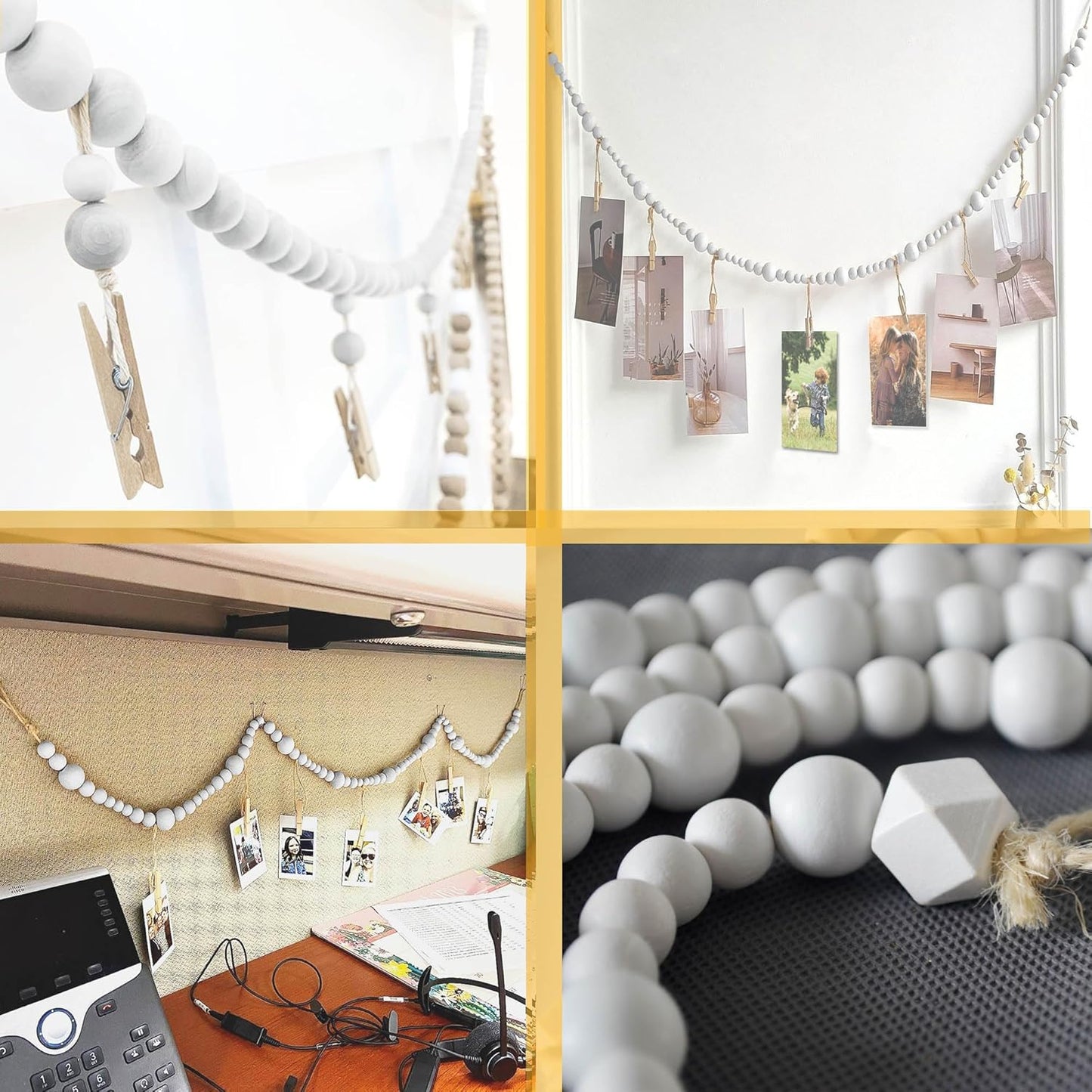 4 Feet Wooden Beads Garland with Clothespins Picture Cards Holder - Country Farmhouse Christmas