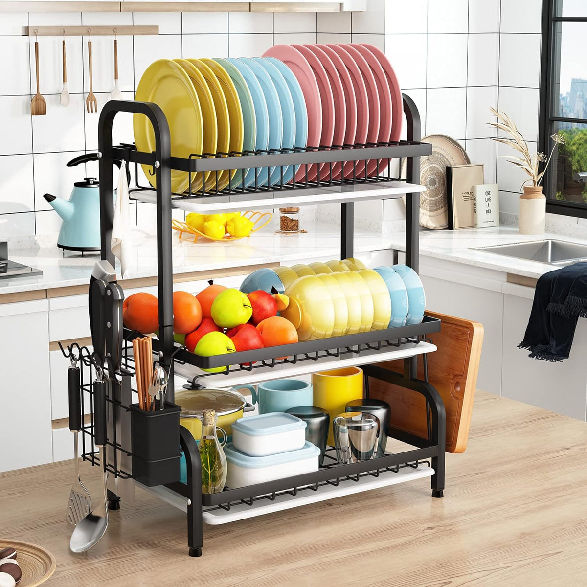 1Easylife Drying Rack, Metal 3-Tier Large Capacity Dish Rack with Utensil Holder, Cutting Board