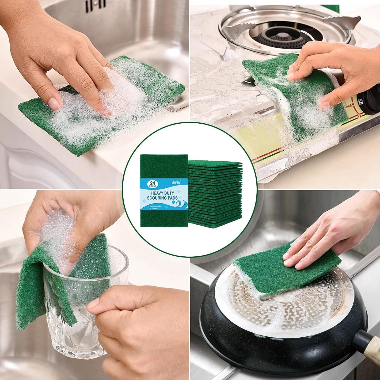 HOMEXCEL Heavy Duty Scouring Pad, 24 Pack Green Scrubbing Pads, Dish Scrubber Reusable for