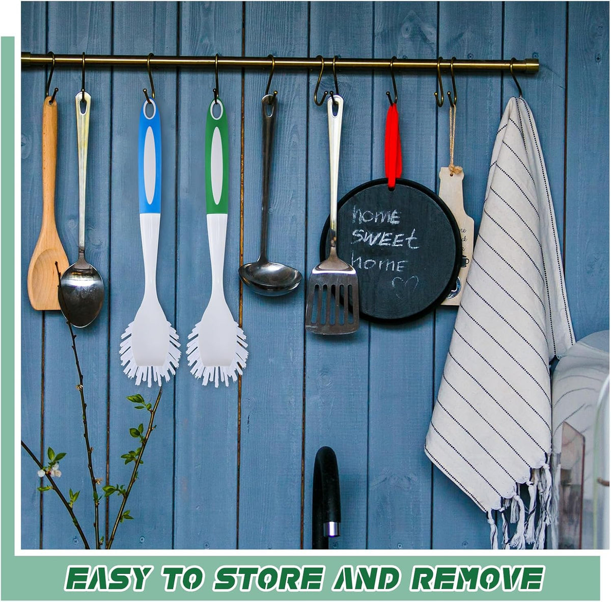 Hsei 20 Pcs Blue and Green Kitchen Scrub Dish Brush Bulk with 11 Inch Anti Slip Handle Cleaning