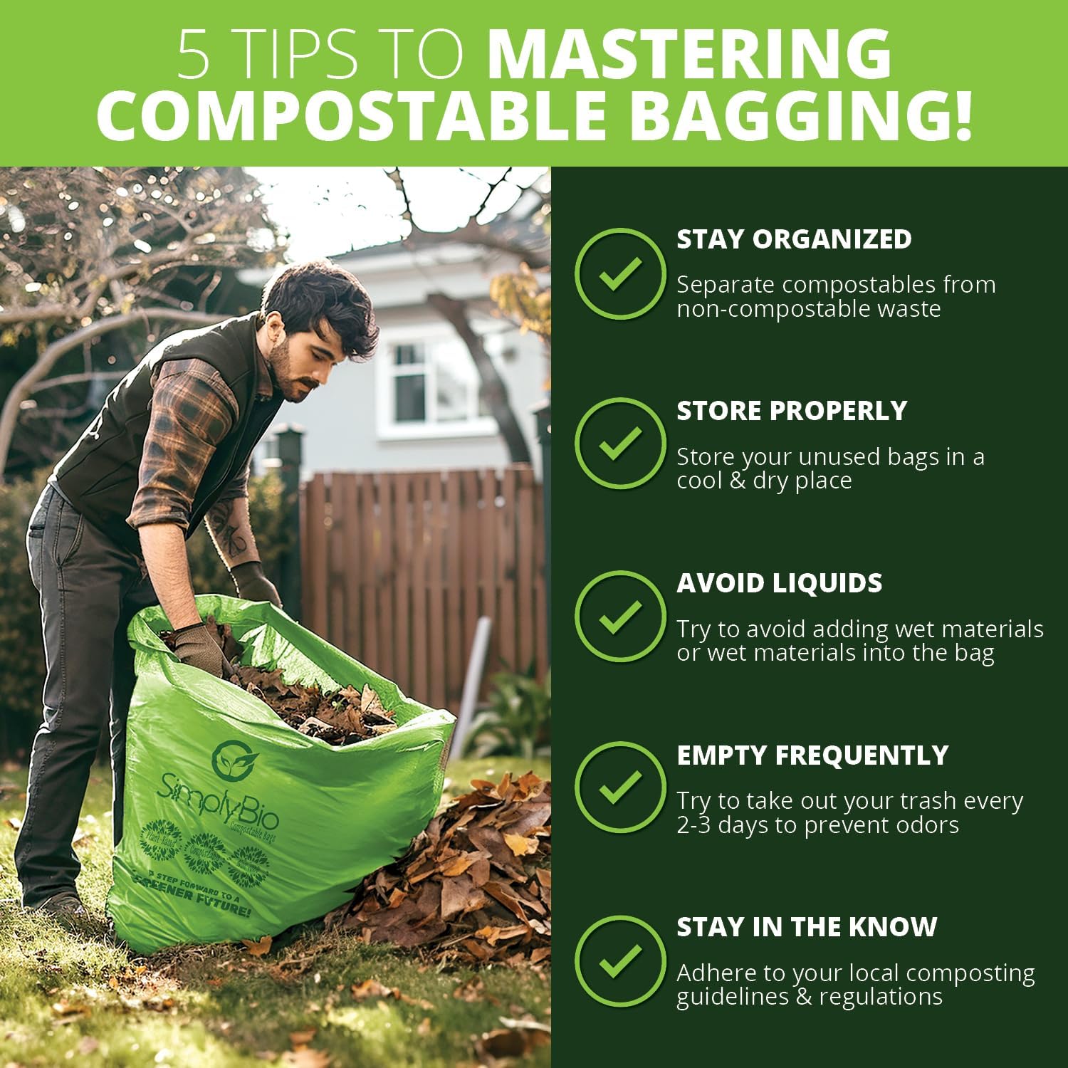 Simply Bio 60-65 Gallon Compostable Trash Bags Liners Flat-Top, Heavy Duty Extra Thick 2 Mil