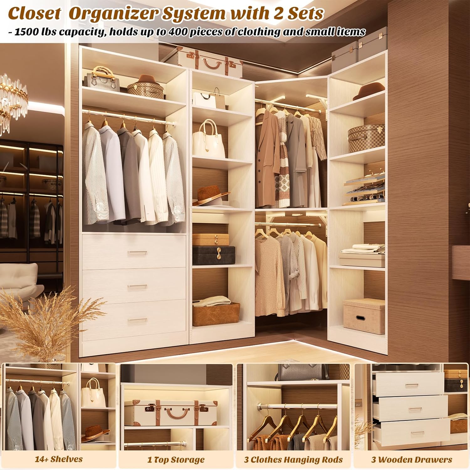 Corner Closet System with 3 Drawers, Corner Closet Organizer System with 13 Shelves & 3 Hanging