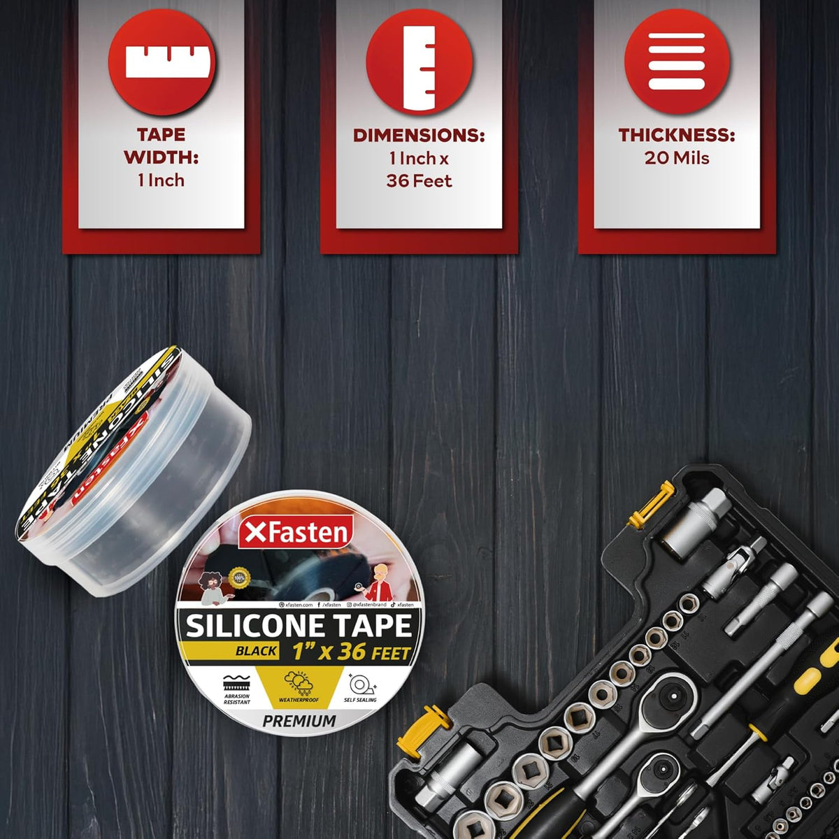 XFasten Self Fusing Silicone Tape Waterproof – 1" x 36 Feet Black, Self Amalgamating Tape, Silicone