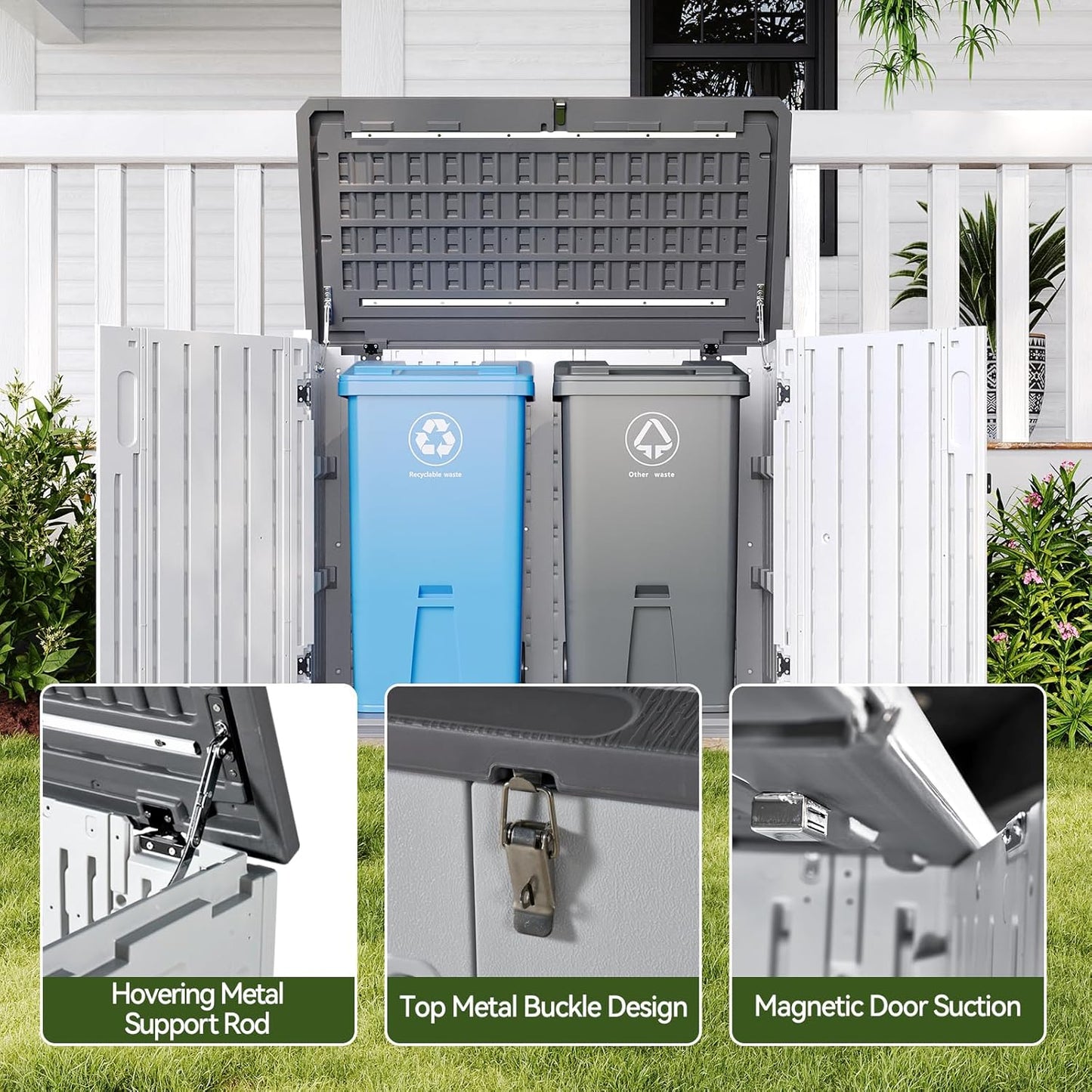 Aoxun Outdoor Storage Cabinet 35 Cu.Ft Outdoor Trash Can Storage Shed Waterproof Horizontal Storage