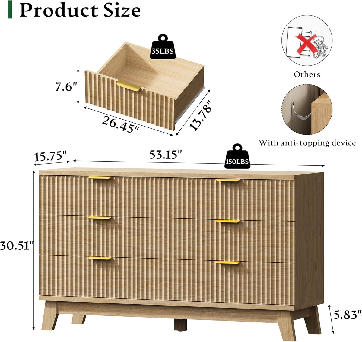 Fluted Dresser with 6 Drawers, 54" Wide Modern Chest of Drawers with Metal Handle, Wooden Dresser