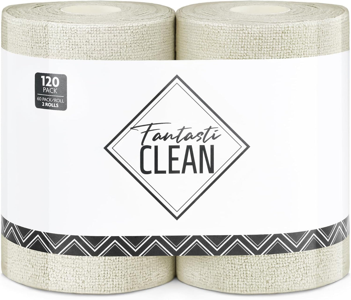 Fantasticlean Microfiber Cleaning Cloth Roll 2 Rolls 120 Pack, Tear Away Paperless Towels, 8" x 8"
