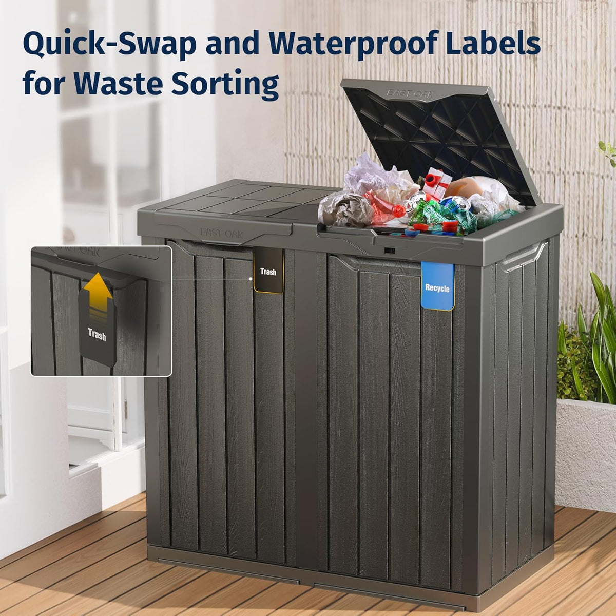 EAST OAK 62 Gallon Outdoor Trash Can | Waterproof Resin Garbage Can with Recycle and Garbage Labels