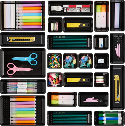 Vtopmart 25 PCS Office Desk Drawer Organizers Set, 4-Size Versatile Plastic Drawer Organizer Trays