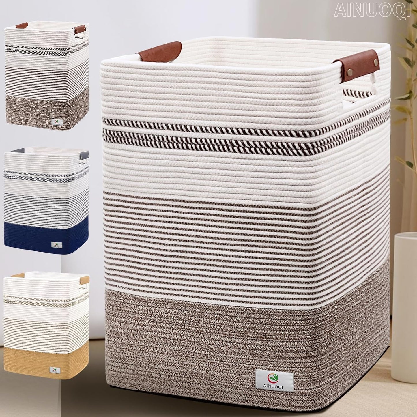 Laundry Hamper - Tall Woven Rope Laundry Basket - Clothes hamper with Leather Handles, 17.8" X