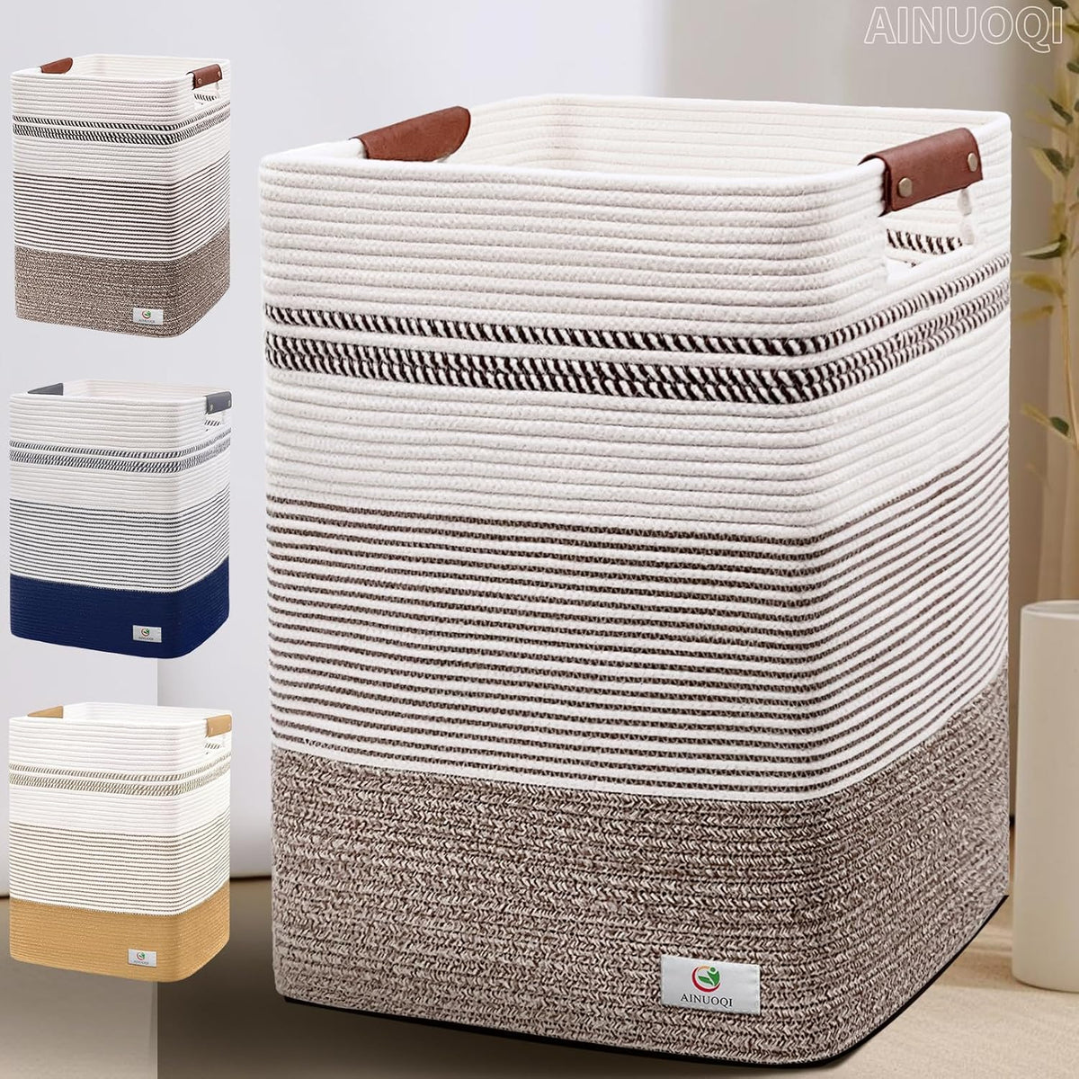 Laundry Hamper - Tall Woven Rope Laundry Basket - Clothes hamper with Leather Handles, 17.8" X
