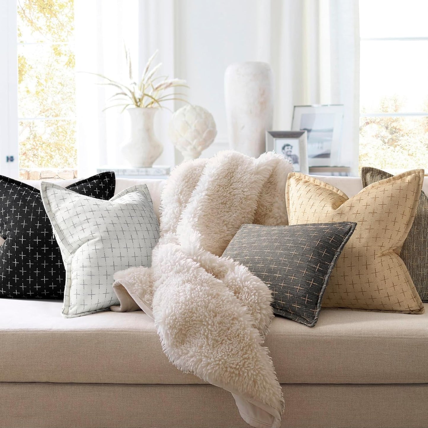ZWJD Pillow Covers 24x24 Set of 2 Soft Polyester Textured Pillow Covers with Stylish Flange Edge