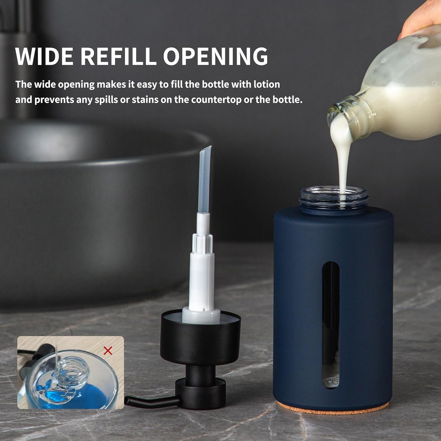 Enra Glass Hand Soap Dispenser,12oz Navy Blue Liquid Bathroom Soap Dispenser with Stainless Steel