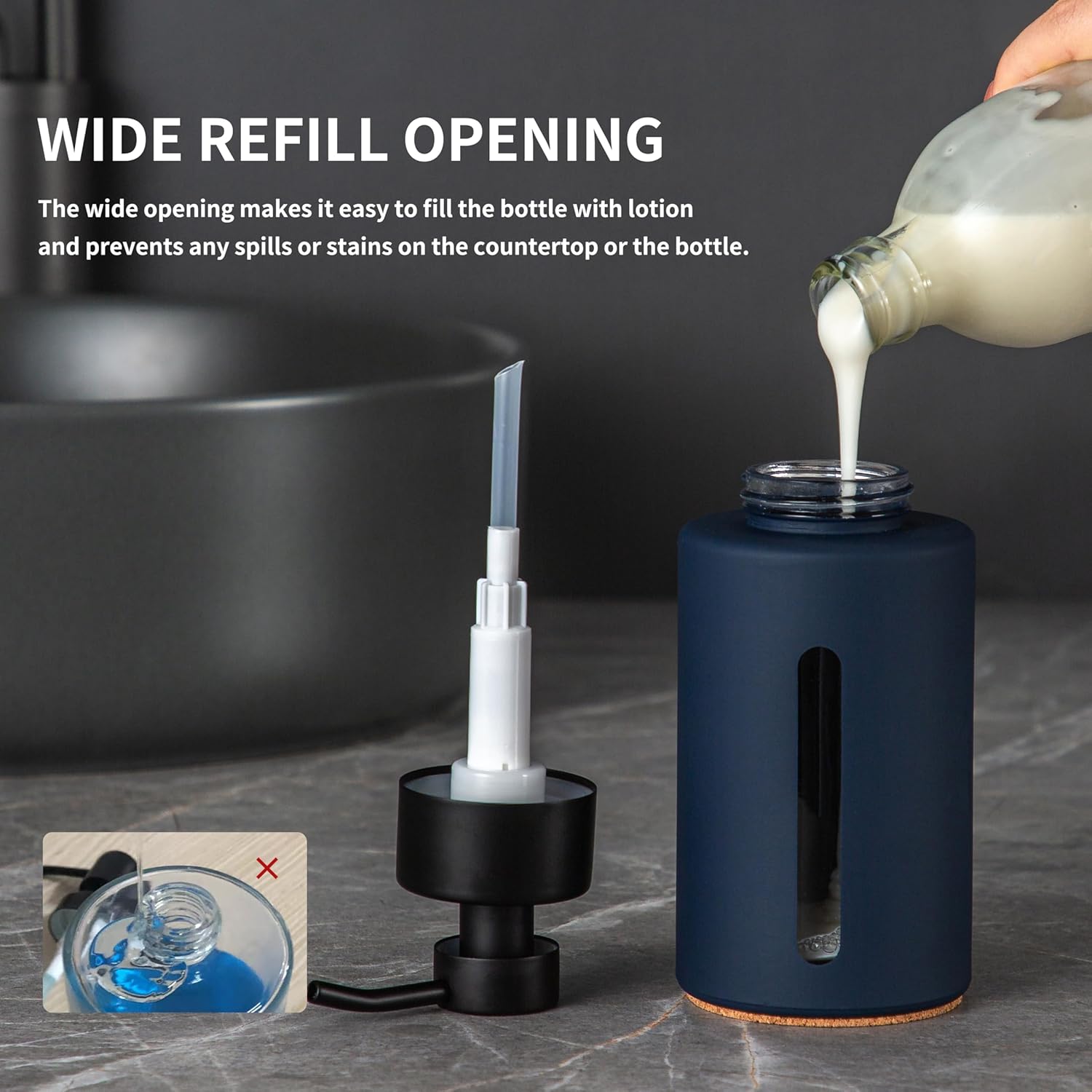 Enra Glass Hand Soap Dispenser,12oz Navy Blue Liquid Bathroom Soap Dispenser with Stainless Steel